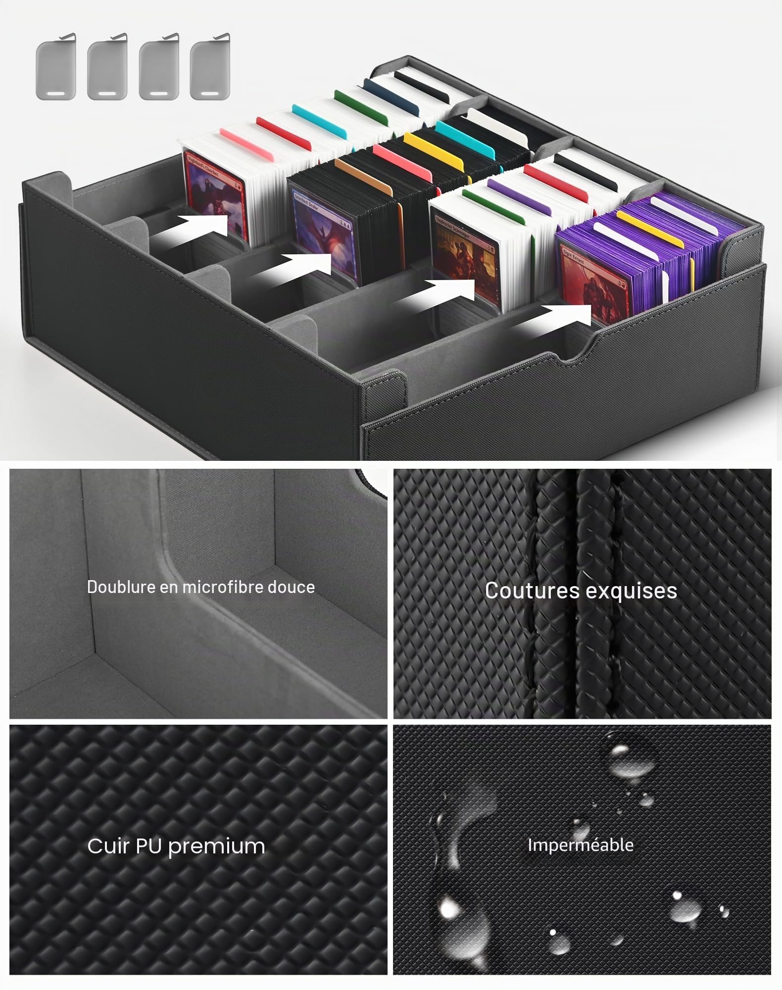 ZLCA Boîte de rangement pour cartes à collectionner, peut contenir plus de 2 400 cartes, boîte MTG avec 4 bouchons, organiseur de cartes magiques pour cartes TCG PTCG (noir)