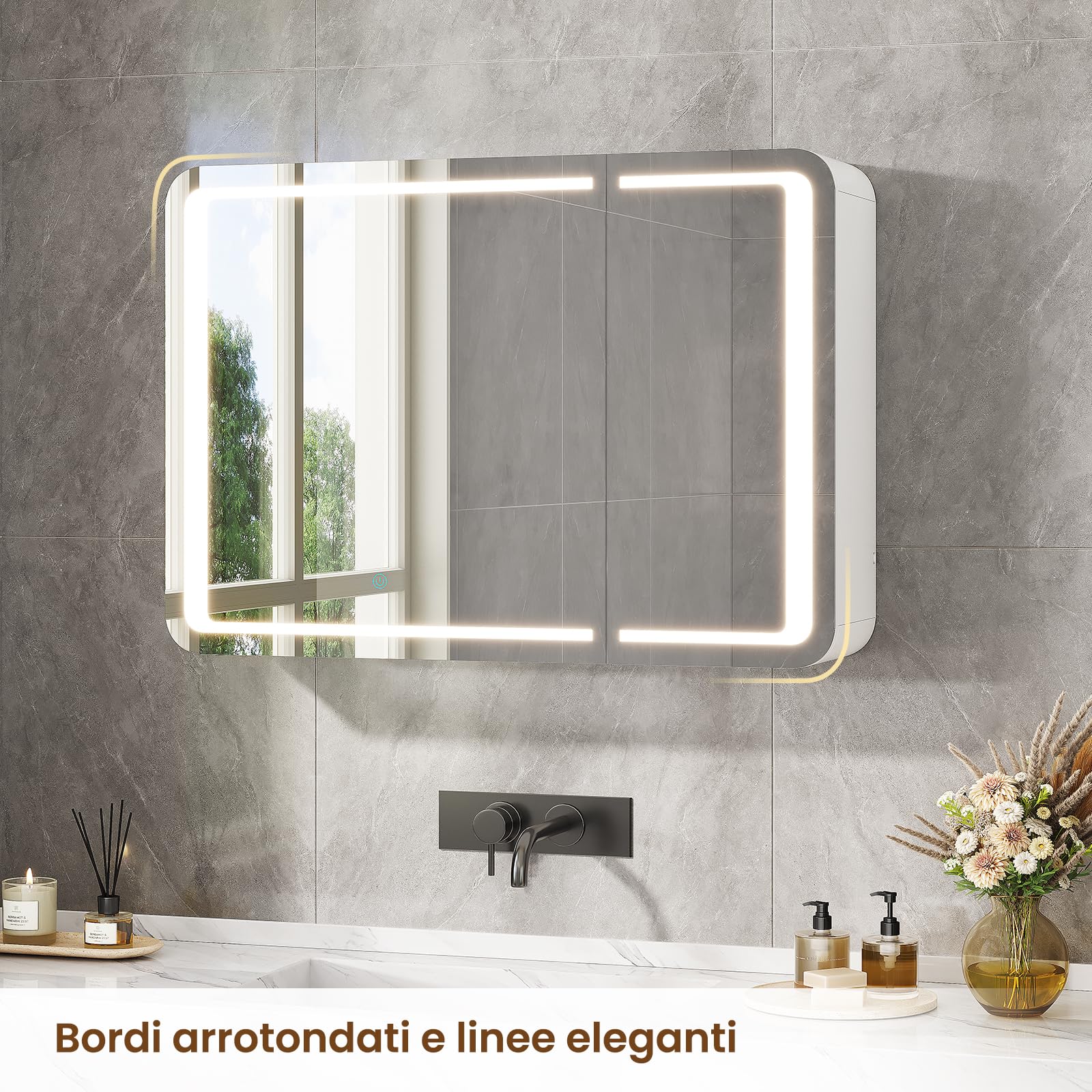 Specchio Bagno con Luce LED Regolabile, Specchio Bagno Contenitore 80x15x60 cm con Presa Elettrica, 2 Ante Specchiera Bagno con Ripiani Regolabili, Specchio Grande HD, Pulsante Touch, Bianco