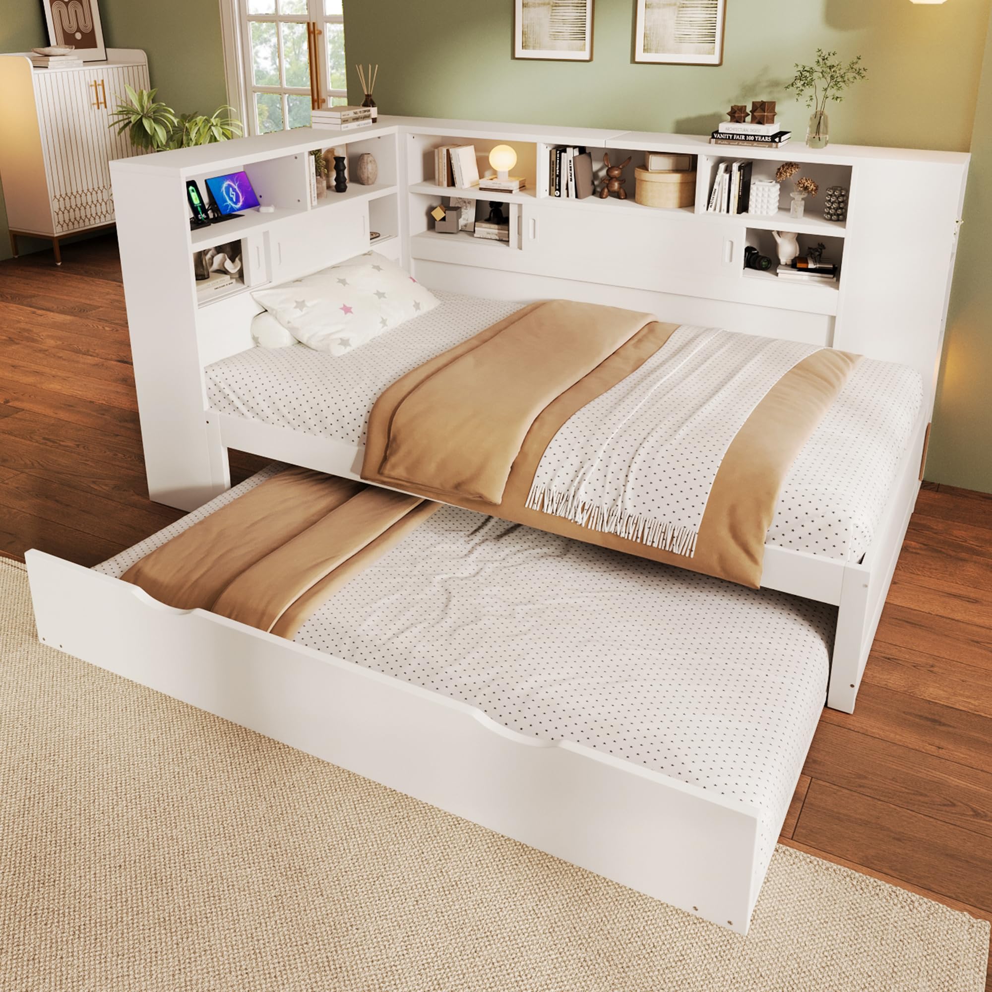 Funktionsbett | Stauraumbett | Kinderbett mit Ausziehbett, USB und Bücherregal, Kiefernholz Plattformbett mit Regal, für Erwachsene, Kinder, Jungendliche, Weiß, 90x200 (90x190)