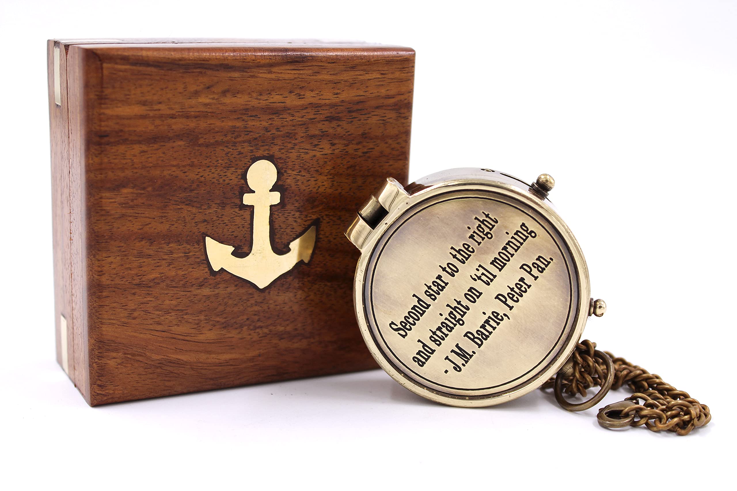 OCEAN REPLICASSecond Star to The Right J. M. Barrie, Peter Pan Engraved Brass Compass for Anniversary, Birthday, Graduation Day, Confirmation Gift, Valentine Gift Parting Gift with Wooden Case.