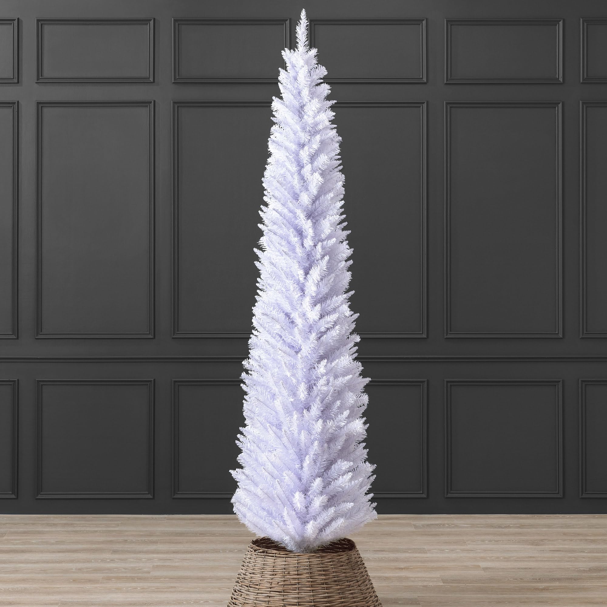 Christow White Pencil Christmas Tree 7ft, Artificial Slim Spruce, Modern Indoor Xmas Decoration, Lifelike Forked Branches with PVC Needles, Easy Assembly with Stand, Tip Count 401 (skirt not included)
