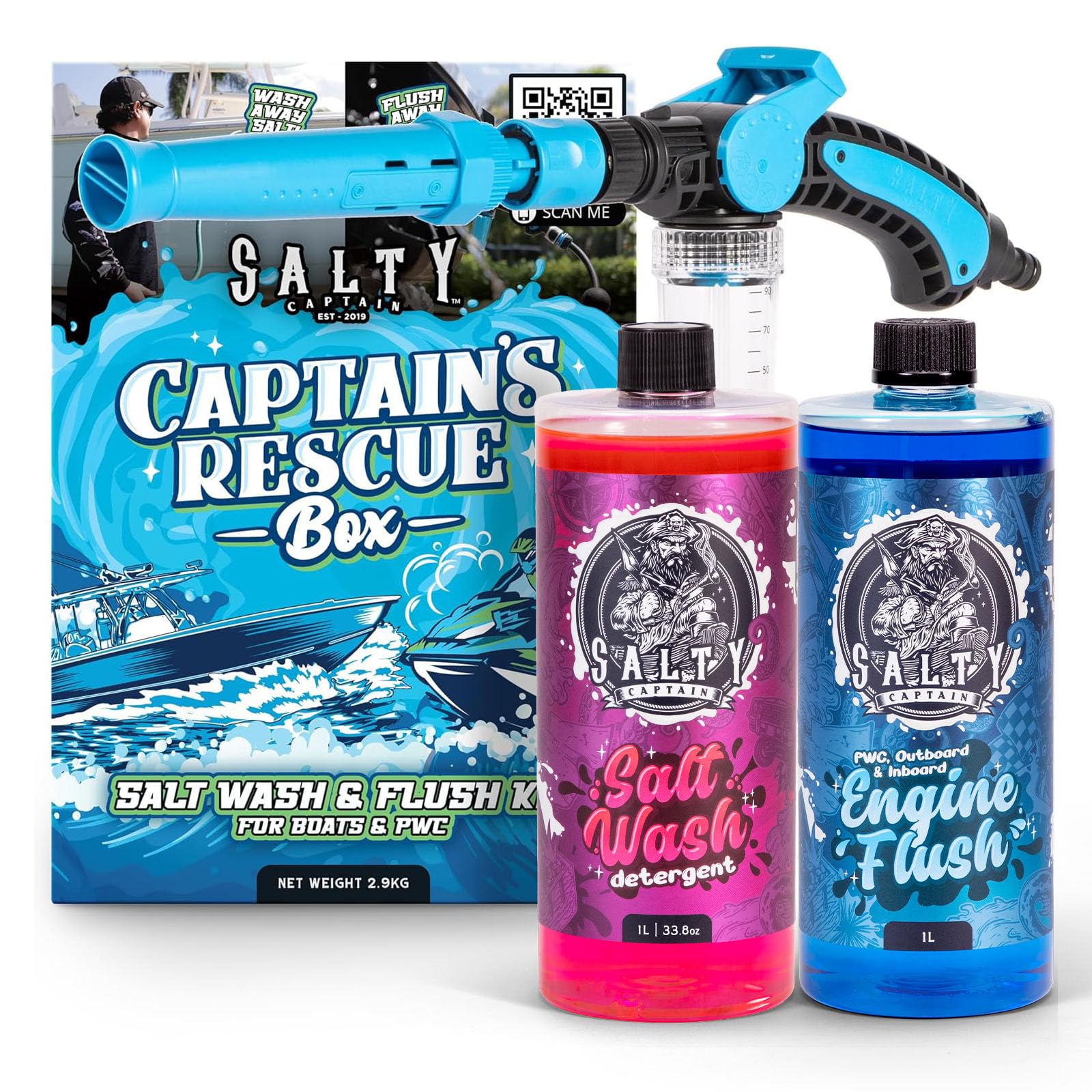 Salty Captain Boat Cleaner Kit 3pcs – Boat Wash Set with Salt Wash Detergent, Outboard Engine Flush & 2-in-1 Garden Hose Musket for Boats, PWCs & Jet Skis – Removes Salt & Protects Against Corrosion