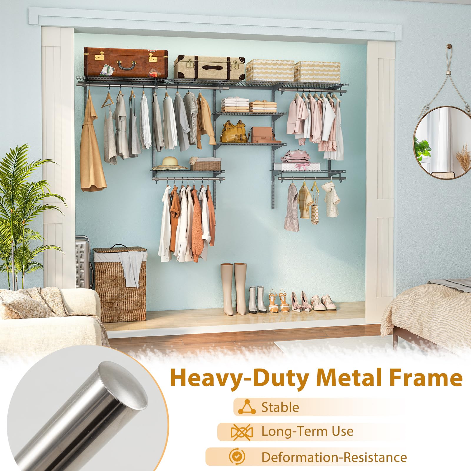 GIANTEX Système organisateur d'armoires à fil, kit d'armoire mural personnalisé avec étagères de rangement réglables, porte-bagages avec tiges, parfait pour manteaux, blanc/gris (gris)