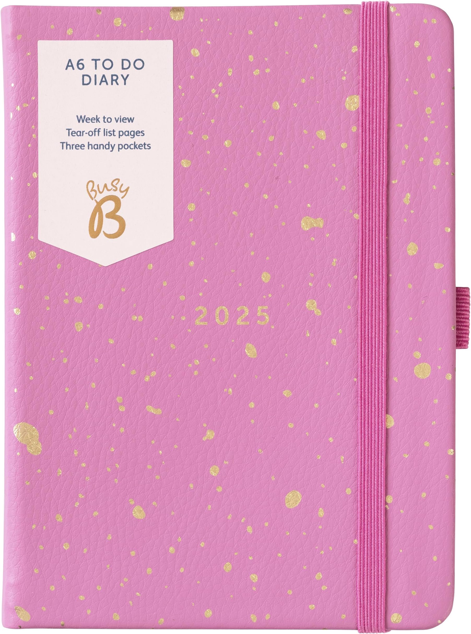 Busy B 2025 Diary A6 Weekly Planner with To-Do Lists & Notes Pages – Compact Fuchsia Faux Journal - Week-to-View Layout, 3 Pockets & Year Planner
