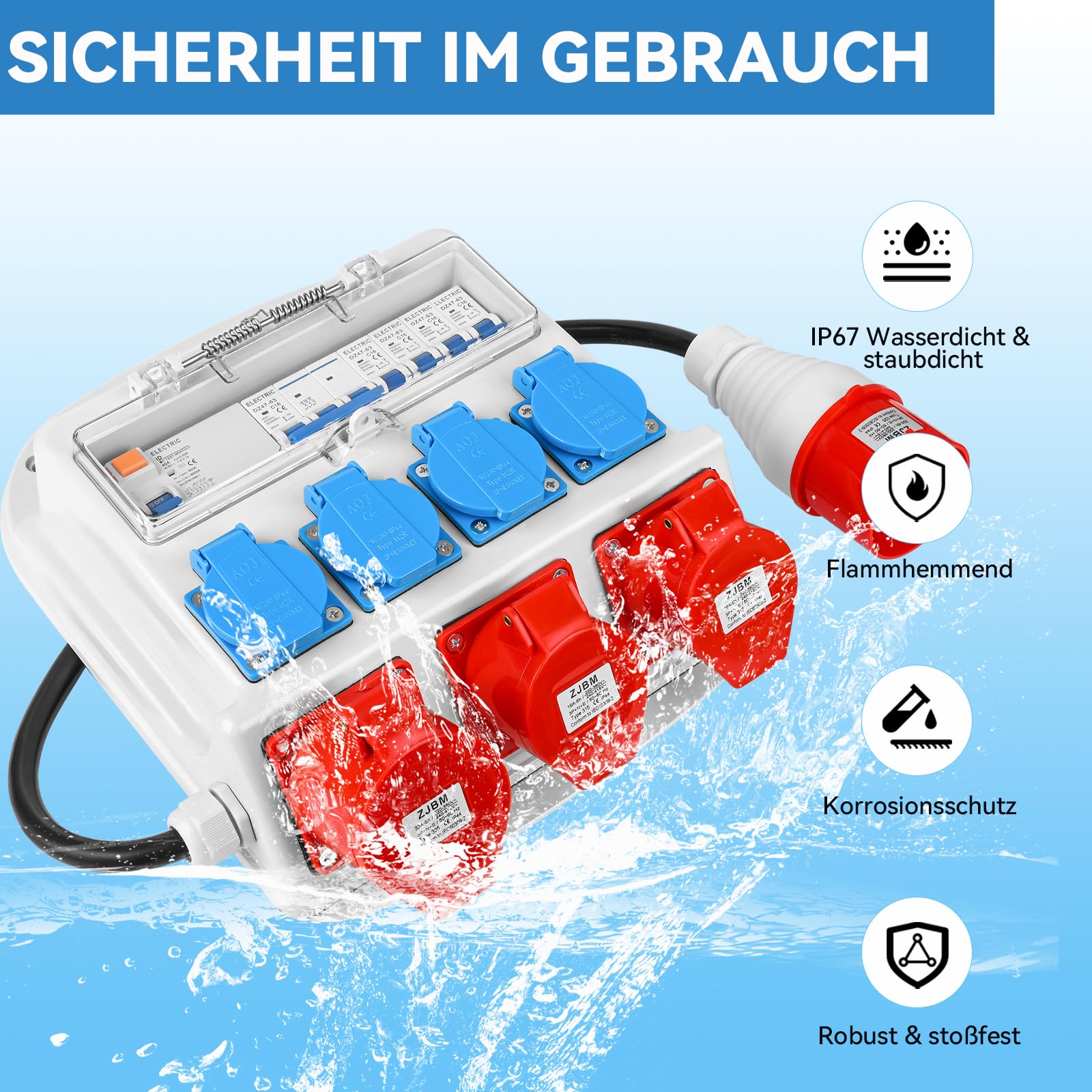 Distributore di corrente da parete, completamente cablato con 4 x 230 V Schuko, CEE 16 A e 32 A, interruttore FI, interruttore LS, alloggiamento impermeabile IP67, per esterni e officine