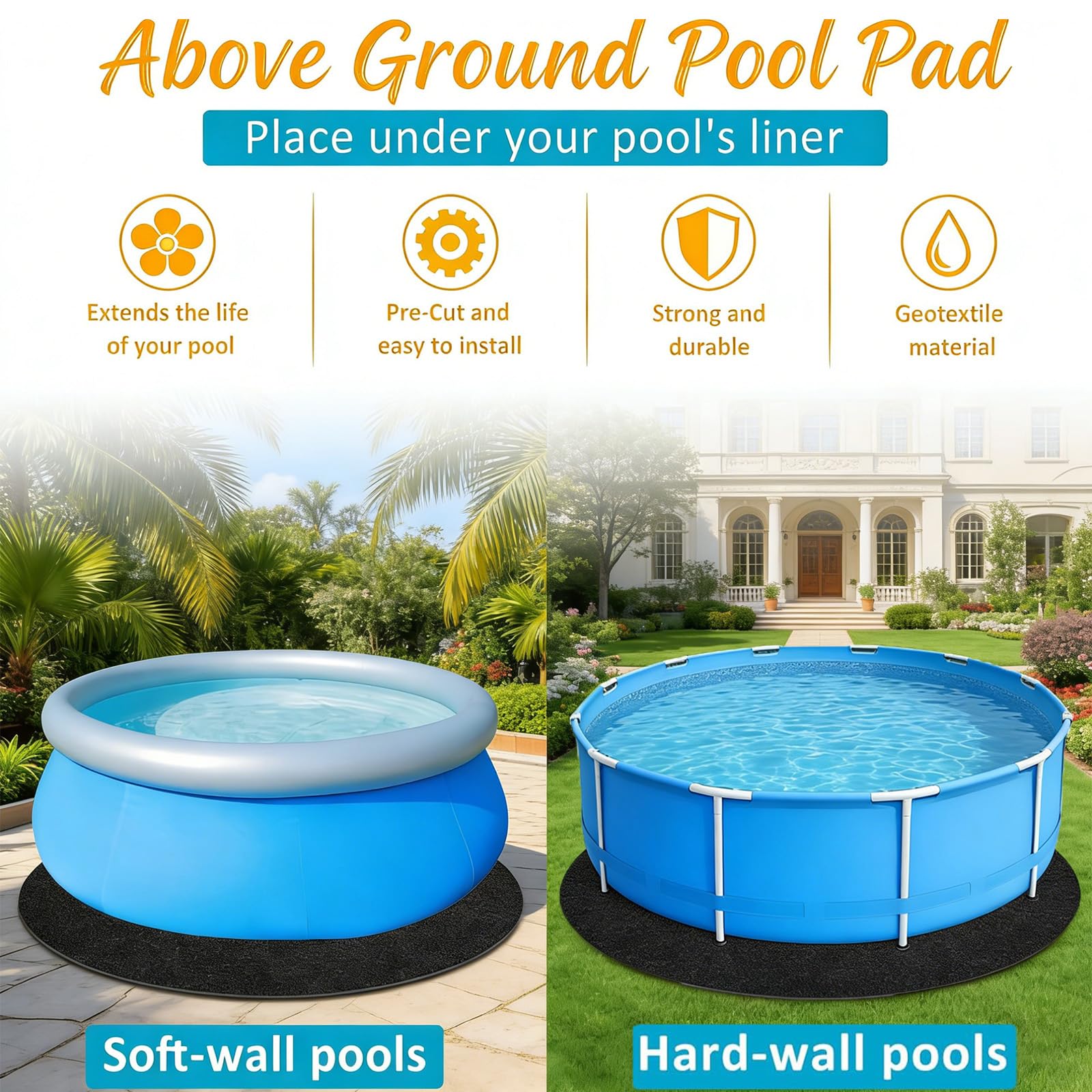Cubierta de piscina para exterior, tejido de fieltro reforzado 200g/m², diseño sin costuras, protección contra pinchazos, recortable para piscinas hinchables, alfombrillas de piscina, protección para