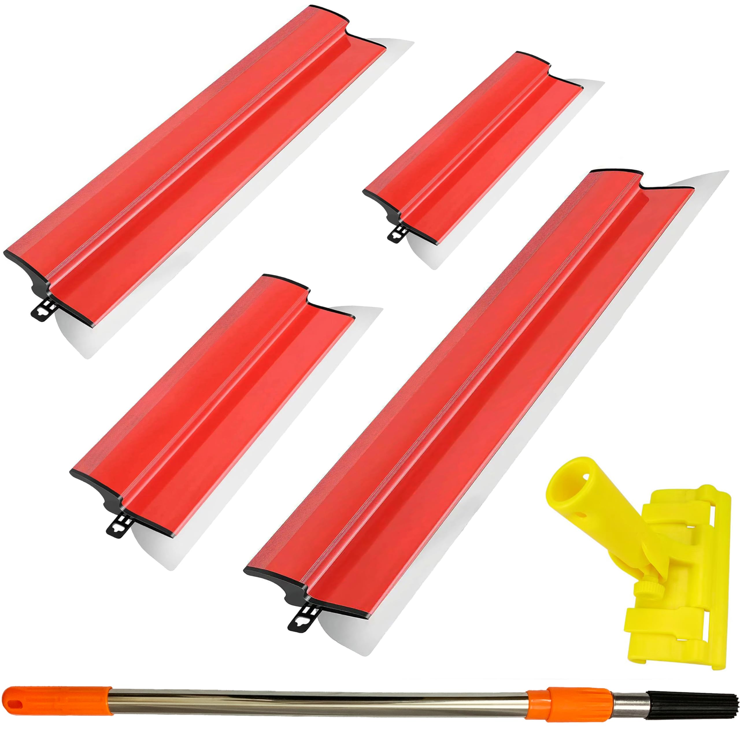6-Piece Drywall Scraper Set, Stainless Steel, Includes 10+16+24+32 inch trowels + Yellow Clip + 52 inch Telescopic Pole. Professional Drywall Scraper Suitable for Smoothing Walls and Ceilings.