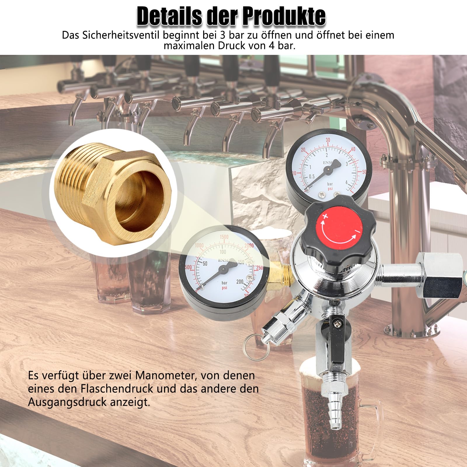Druckminderer Co2,Druckminderer Gasflasche Co2 Bier,Adapter Keg Sicherheitstank Druck Co2 Regler Bier Soda Keg Druckentlastungsventil Home Brew Bier Gasleitung W21.8