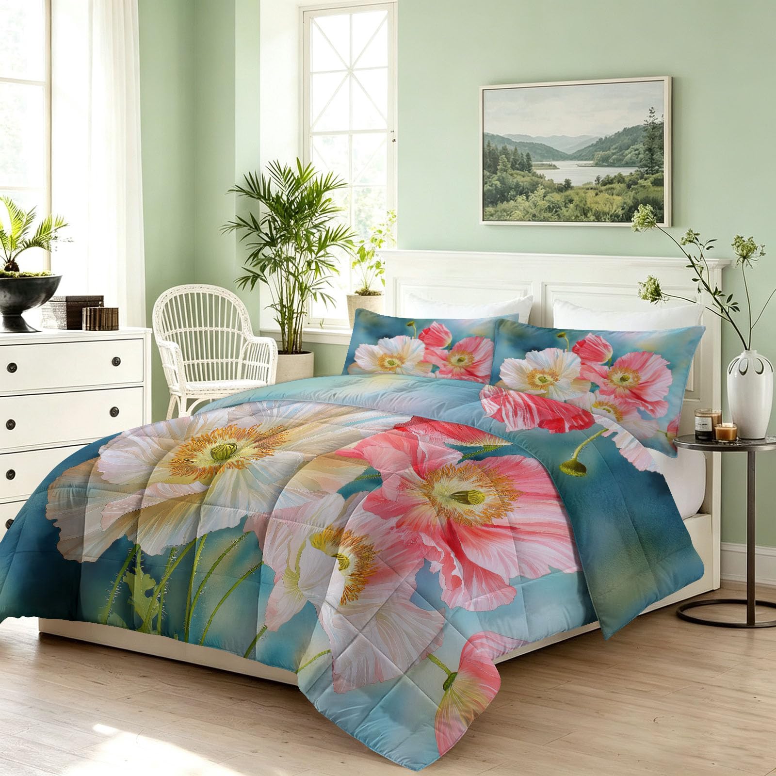 Trapunta senza rivestimento con fiori, papaveri verdi, 155 x 220 cm, 4 stagioni, reversibile, moderna ed elegante, per tutto l'anno, lavabile, calda e delicata sulla pelle, con 2 federe da 80 x 80 cm