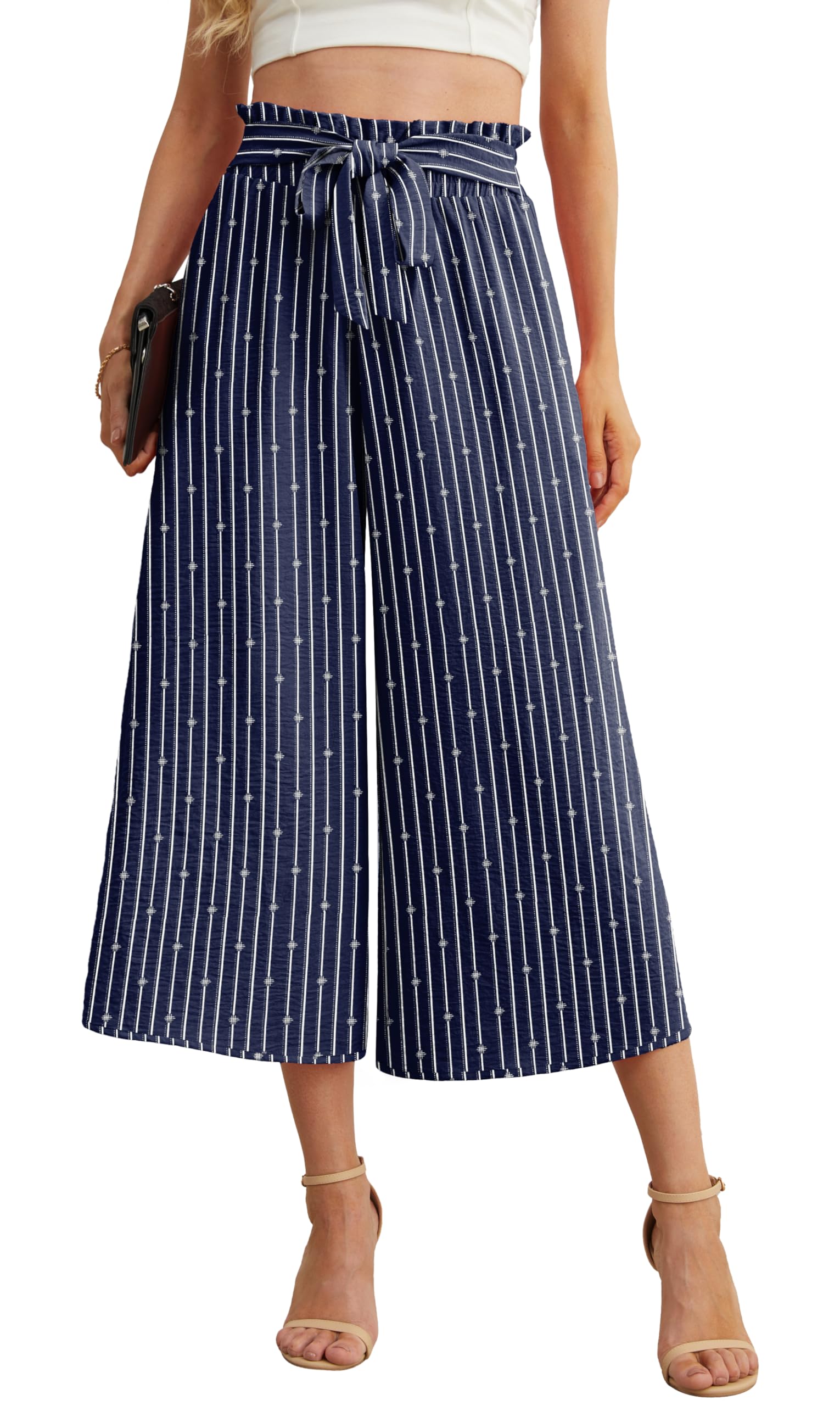 IWOLLENCE Women Flowy Loose Wide Leg Pant Summer Beach Casual Trousers high Waist Adjustable Knot Business Work Casual Pants