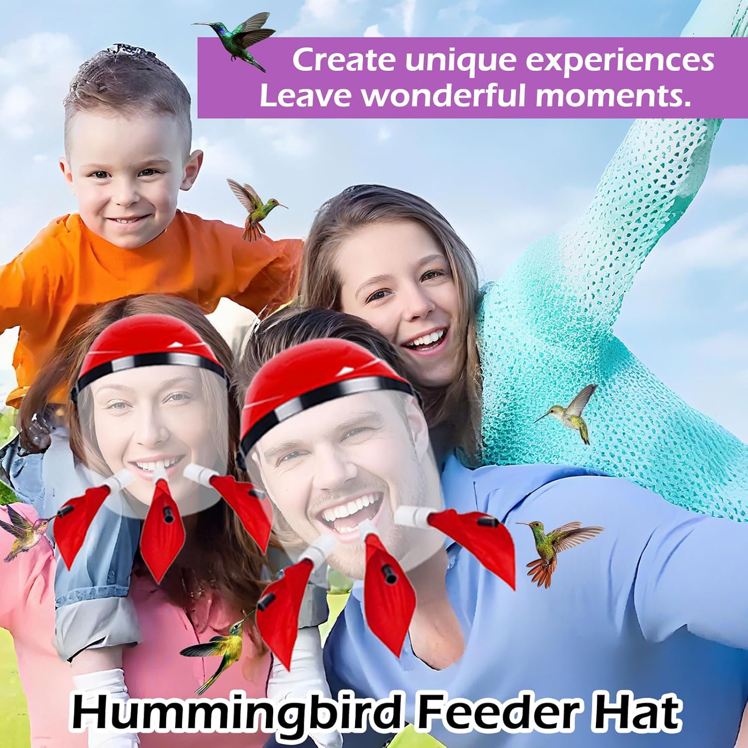 hummingbird feeder helmet | hands-free outdoor bird feeder | 3 feeding ports | adjustable headband | lightweight & durable pvc, red red-1