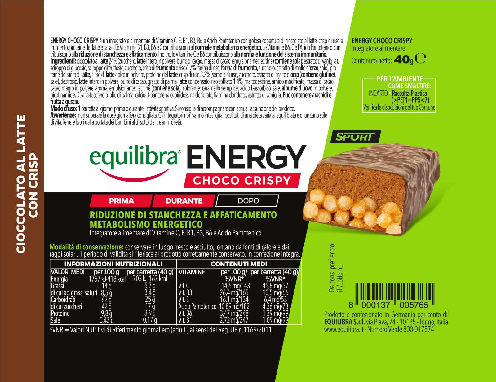 Equilibra Integratori Alimentari, Barretta Energy Choco Crispy, Barretta Energetica con Crisp di Riso Ricoperta di Cioccolato, con Vitamine C, E, B1, B3, B6 e Acido Pantotenico, 24 Barrette da 40 g