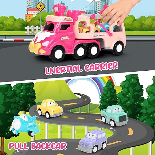 Miniatura 6 de Juguetes de coche para niñas, regalos de cumpleaños 5 en 1, camiones de transporte de princesa rosa para niños pequeños con luces y música, juguetes