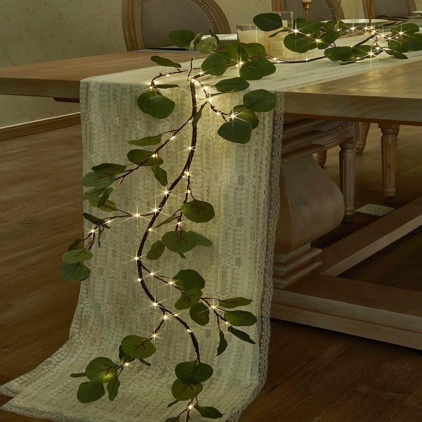 Generisch Biegbare, realistische Eukalyptusblätter, LED Girlanden für Kaminsimse, Treppenaufsätze, Hochzeiten, Weihnachtsdekorationen, warmweiße Girlanden mit Feenlichtern
