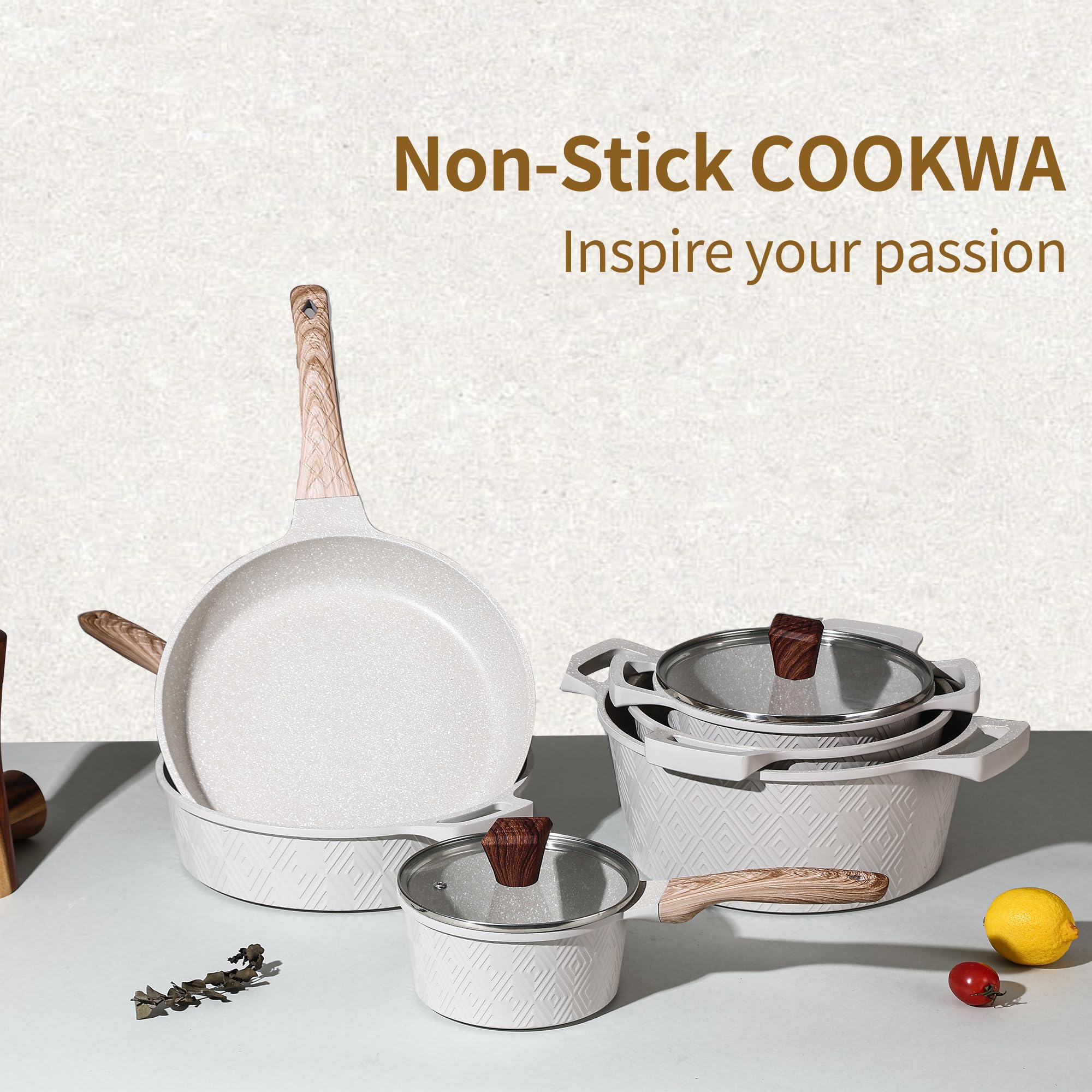 Royal Swiss Batterie de cuisine 12 pièces en aluminium avec revêtement antiadhésif en marbre - Pour induction, gaz, électrique et céramique - Couvercle en verre avec sortie vapeur - Sans PFAS et passe