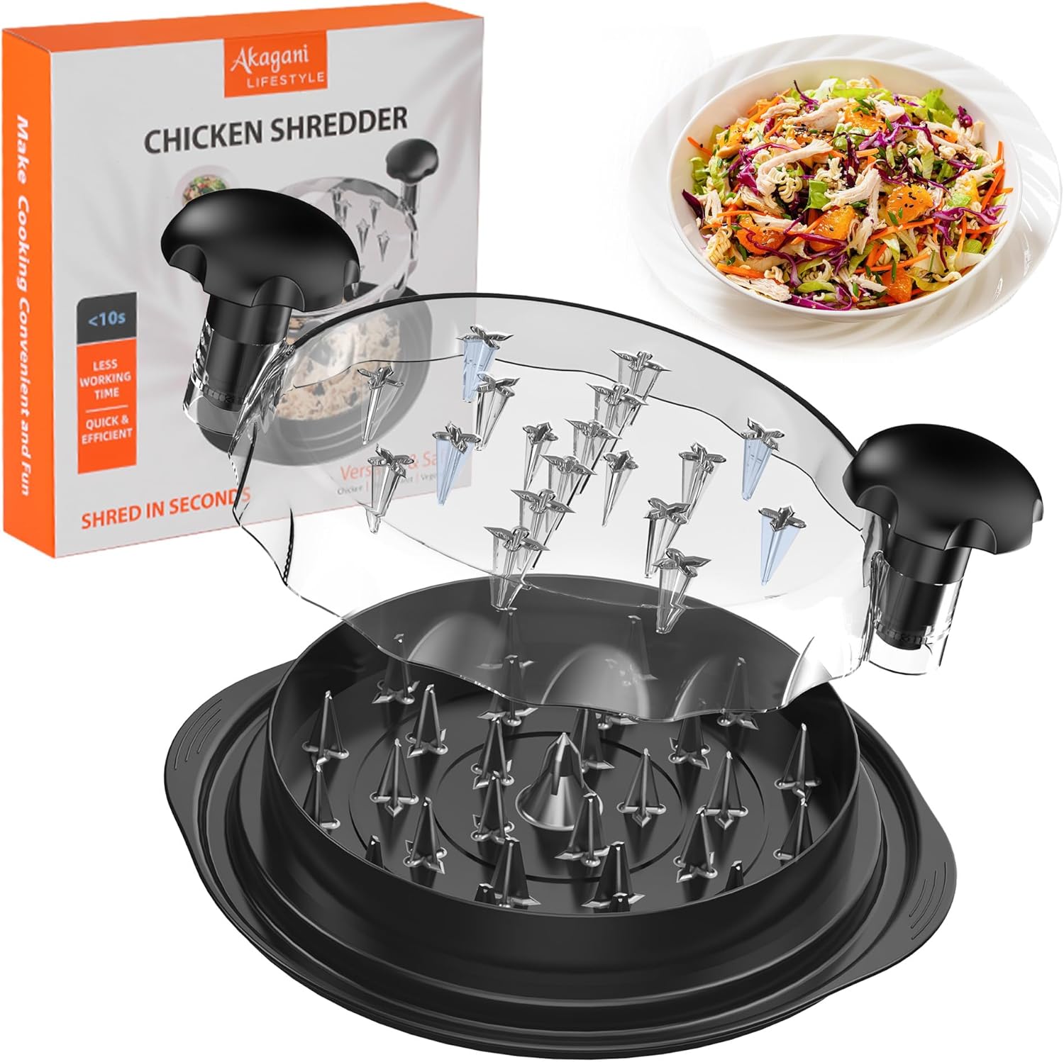 Upgrade Chicken Shredder, 10''Chicken Shredder Tool Twist with Transparent Lid, Ergonomic Handle and Anti-Slip Base, Dishwasher Safe, Cleaning Brush, Heat Resistant (Black)