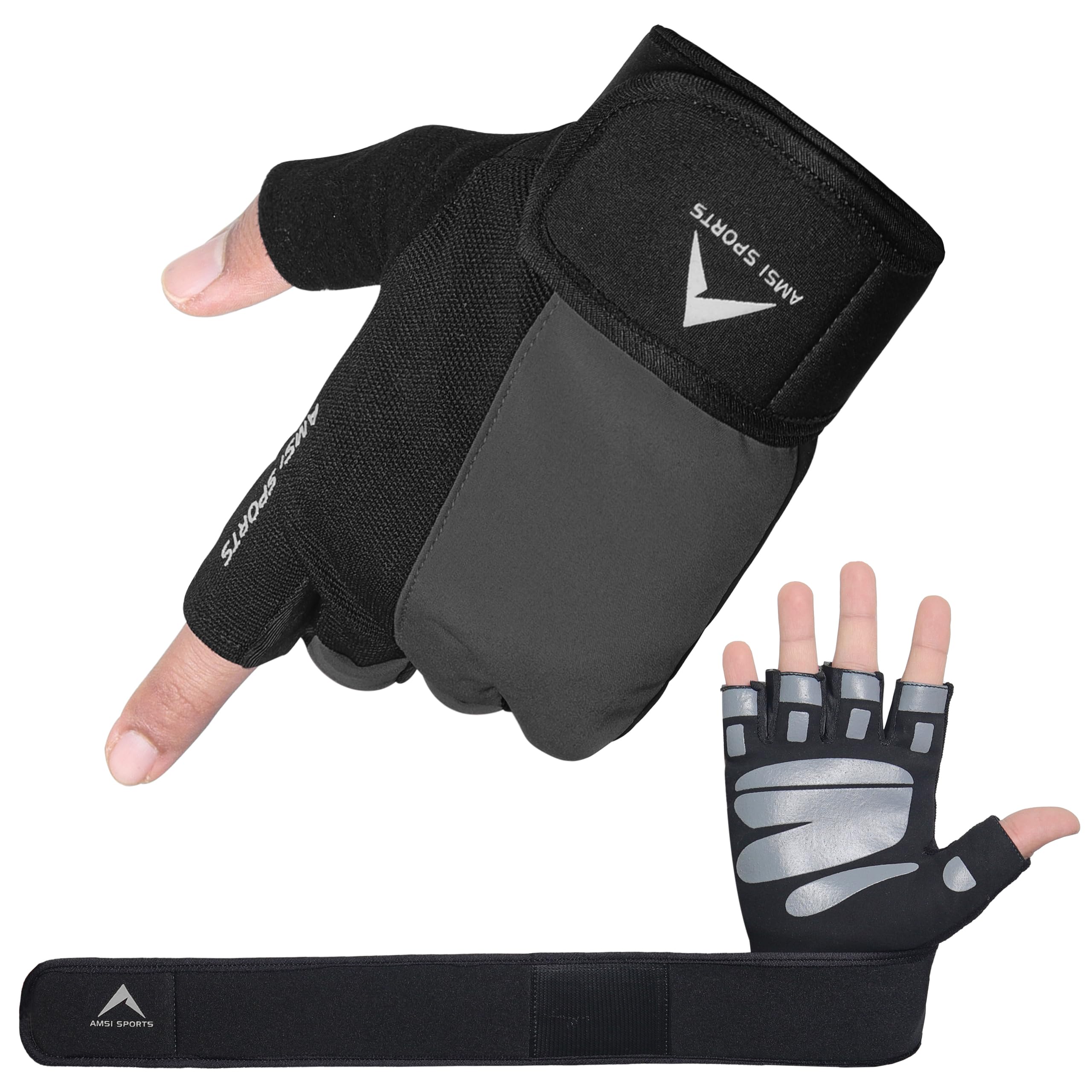 AMSI SPOTRS Weight Lifting Gloves with Wrist Wrap Support Padded Palm Protection Exercise Gym Workout Gloves Men & Women Training Fitness Weightlifting Rowing Bodybuilding (Black, L)