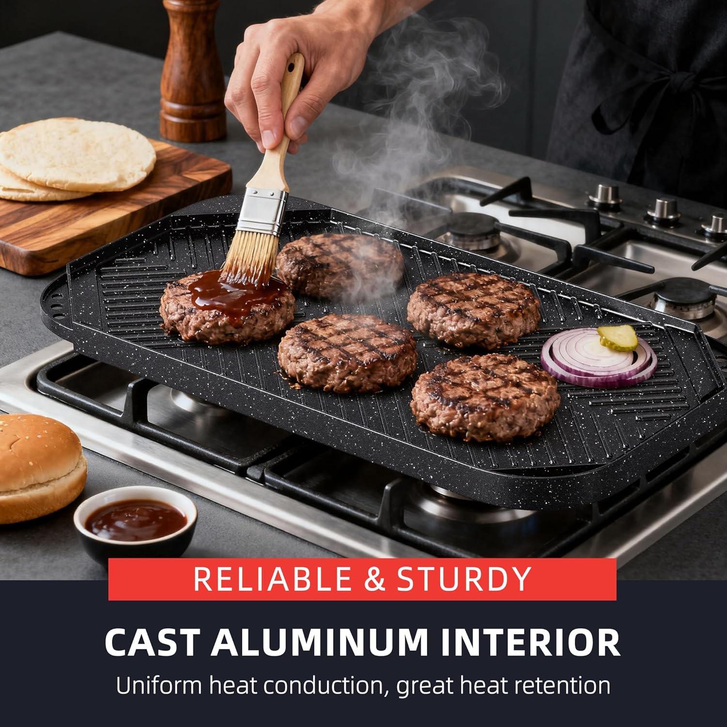 Caannasweis Nonstick Griddle Grill Pan, 19.5" x 11" Reversible Griddle Pan for Stove Top, Grill, or Campfire, Two Burner Cast Aluminum Grill, Rectangular Baking Flat and Ribbed Griddle Plate