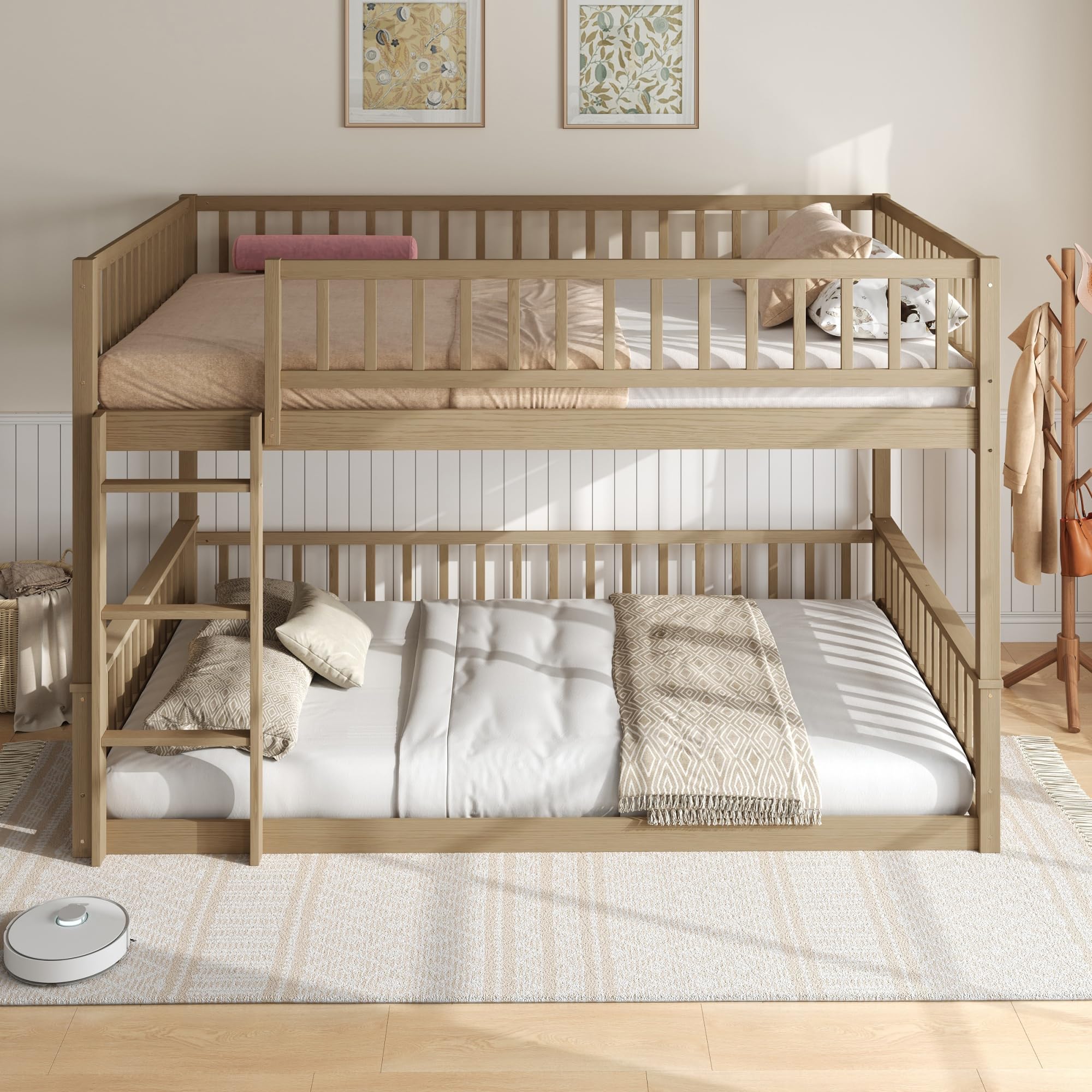 Merax Queen Over Queen Bunk Bed with Ladder & Guardrails - Solid Wood Double Bunk Bed for Adults/Teens, Convertible to 2 Separate Platform Beds, No