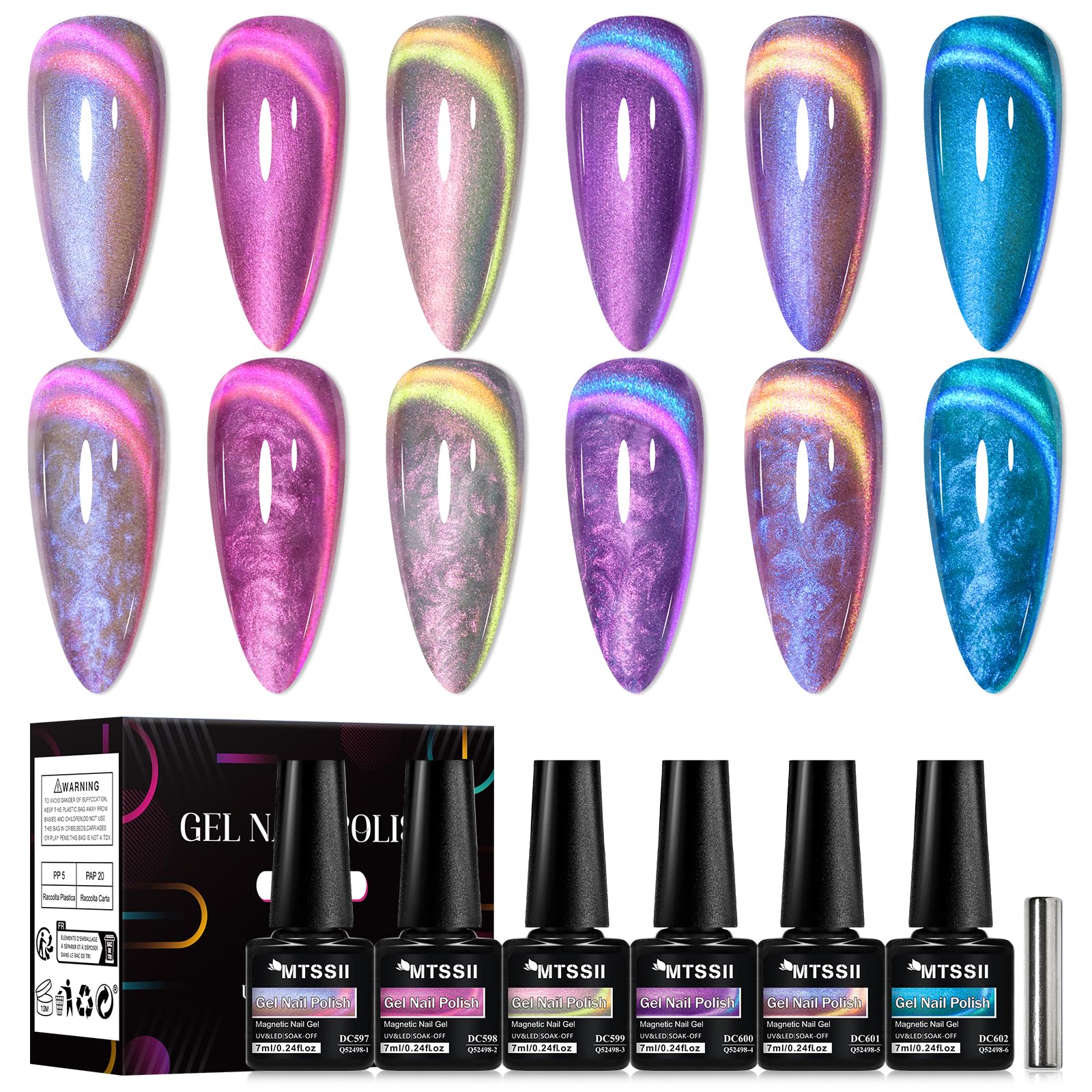 MTSSII 7pcs/set Magnetic Gel Nail Polish, Aurora Shell Thread Cat Eye Gel Varnish, Semi-Permanent Nail Art 9D Aurora Glitter Pearl Manicure Kit For