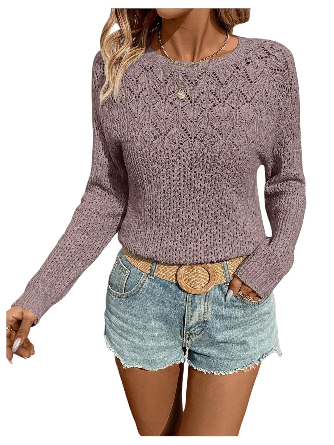 SOLY HUX Womens Fall Crew Neck Sweaters Hollow Out Long Sleeve Knit Top Casual Pullover