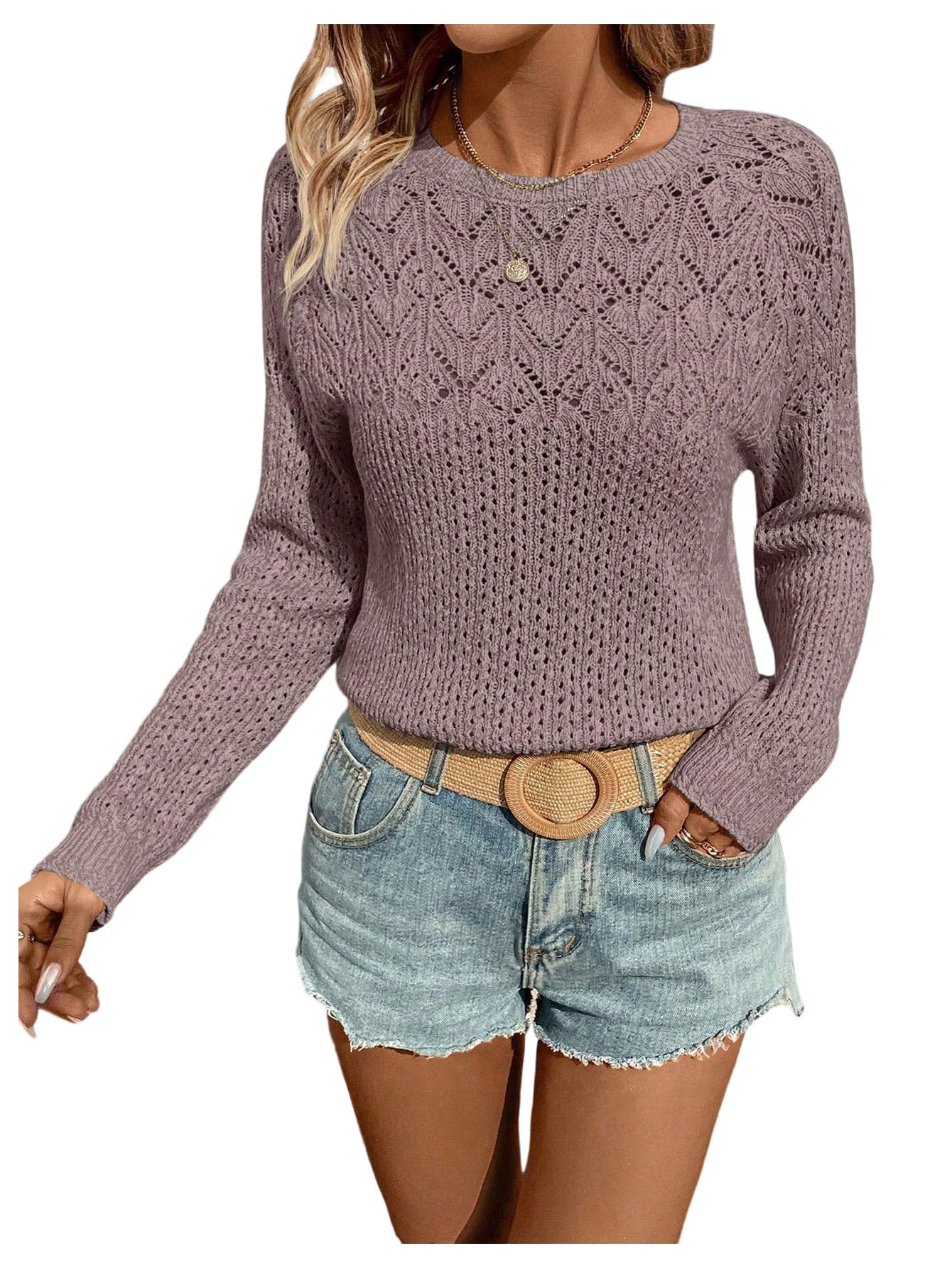 SOLY HUX Womens Fall Crew Neck Sweaters Hollow Out Long Sleeve Knit Top Casual Pullover