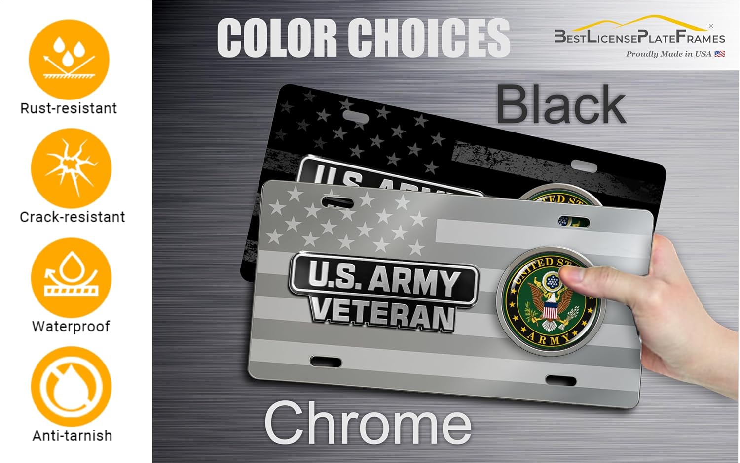BestLicensePlateFrames - US Army 4-Hole Patriotic American Flag Black Stainless Steel License Plate with Emblem - Durable Military Tribute Auto Tag - Officially Licensed U.S. Army Product