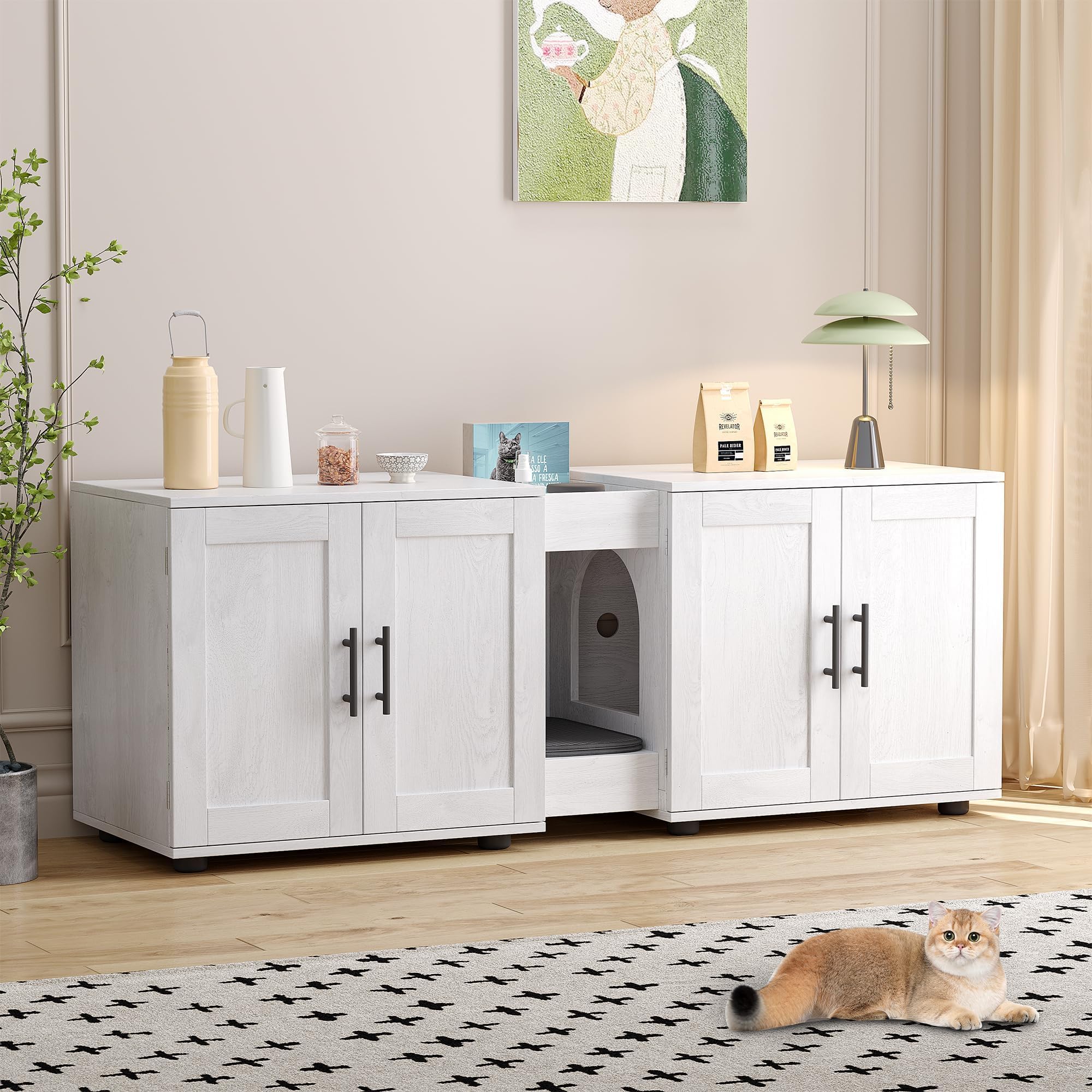 55" Double Cat Litter Box Enclosure for 2 Cats – 3-in-1 Wooden Cat Cabinet & TV Stand, Large Hidden Litter Box Furniture with Barn Door, Private Double Rooms, Waterproof – New American White Oak