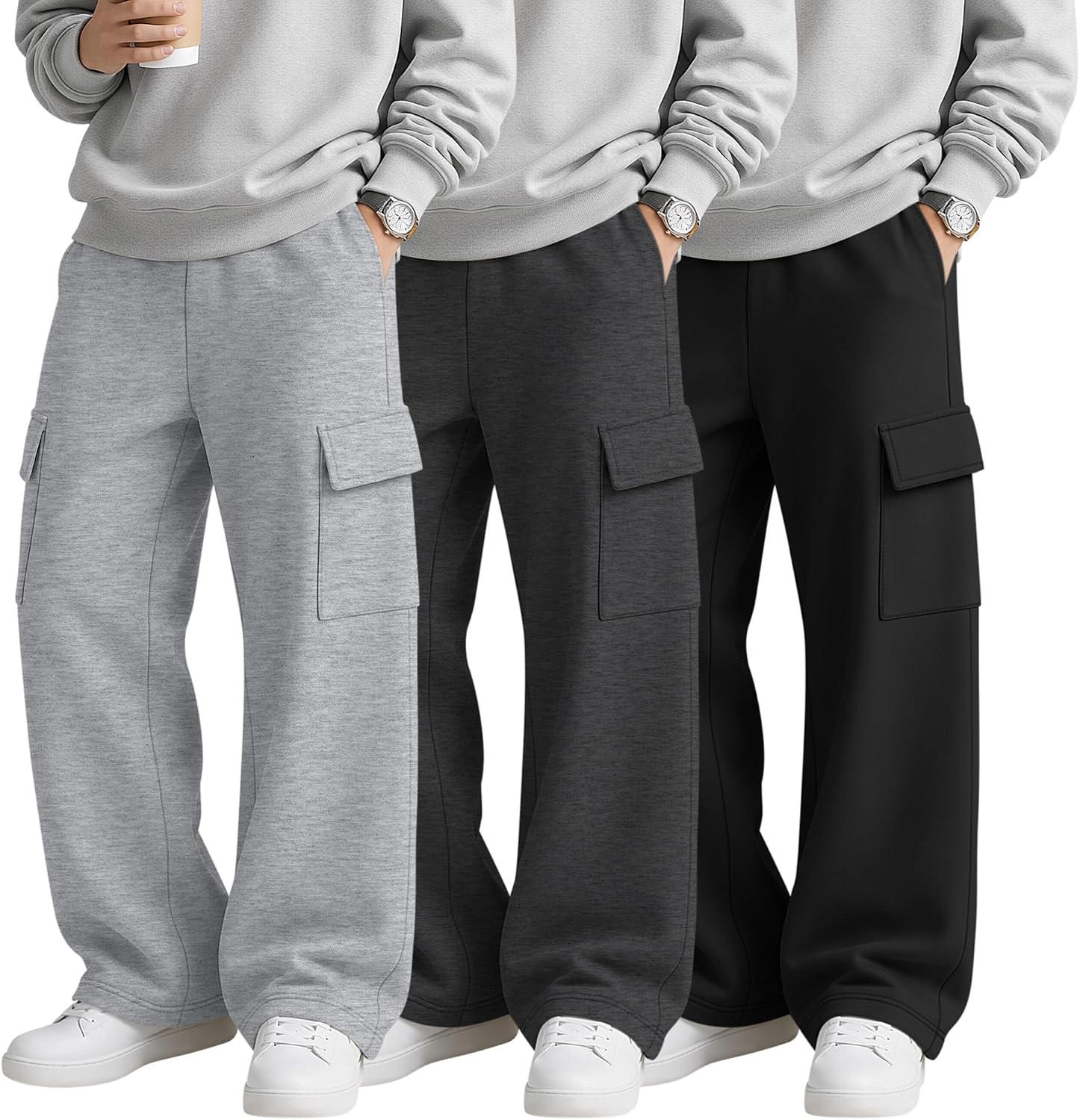 Yooo's Vivi 3 Pack Boys Cargo Sweatpants 5-14Y | Back to School Cargo Sweatpants, Open Bottom Elastic Waist Pants with 4 Pockets, Athletic Casual Bottoms, Outdoor Running