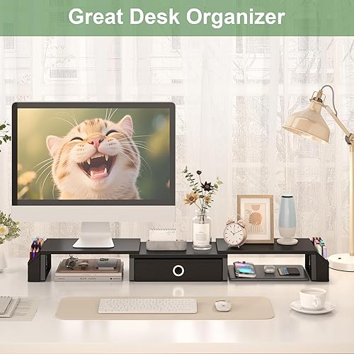 Miniatura 6 de Soporte elevador de doble monitor con cajón y pata de metal, elevador grande para monitor de computadora con almacenamiento para 2 monitores,