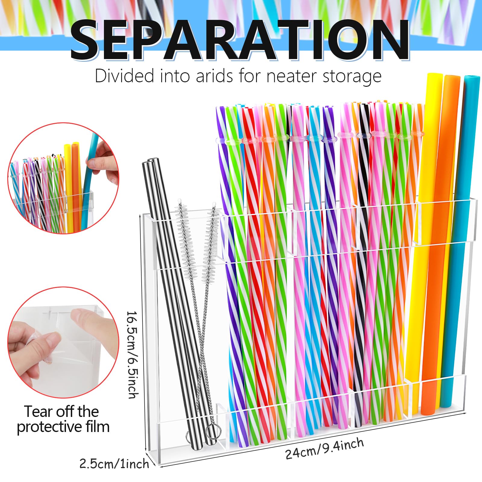 Yiilead Straw Holder, Transparent Acrylic Straw Dispenser with Double Sided Adhesive Tape and Stickers,Organizer for Cupboard Reusable for Kitchen Counter (Transparent)