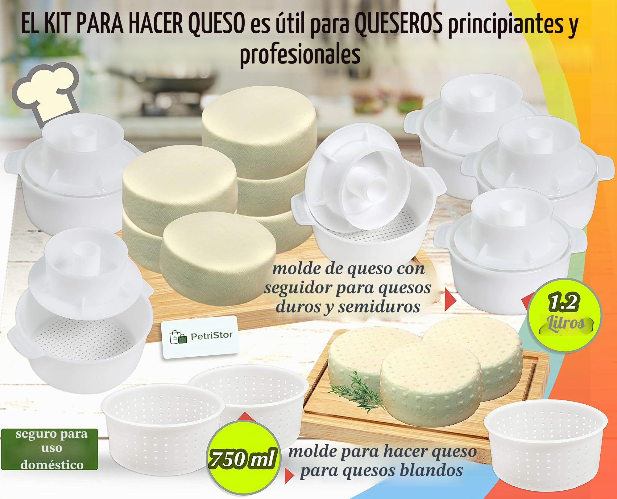 PetriStor Kit de fabricación de queso para principiantes – 6 piezas de molde de queso con un pistón seguidor + 3 moldes de queso suave – Suministros para hacer queso – Moldes para Queso Fresco Casero