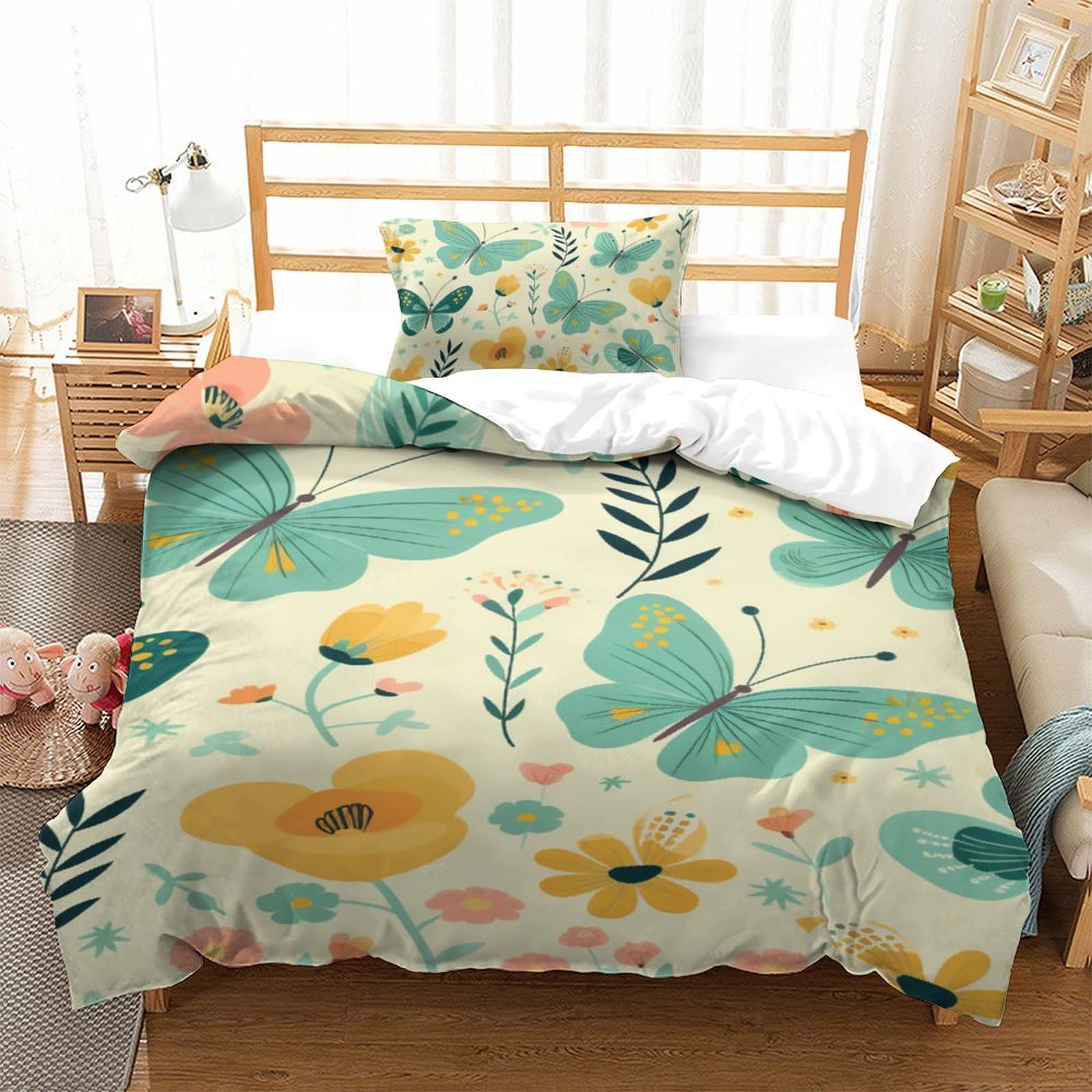 Housse de couette papillon en microfibre respirante et anti-plis avec fermeture éclair