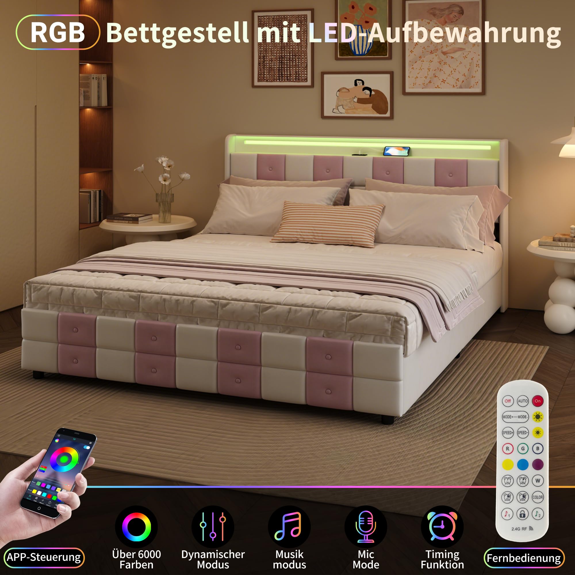 CDQL Łóżko tapicerowane 140 x 190 cm z 4 szufladami, zagłówek ze złączem USB i oświetleniem LED, podwójne łóżko ze stelażem, łóżko dla dziewczynki, łóżko funkcyjne, aksamitne, białe i różowe