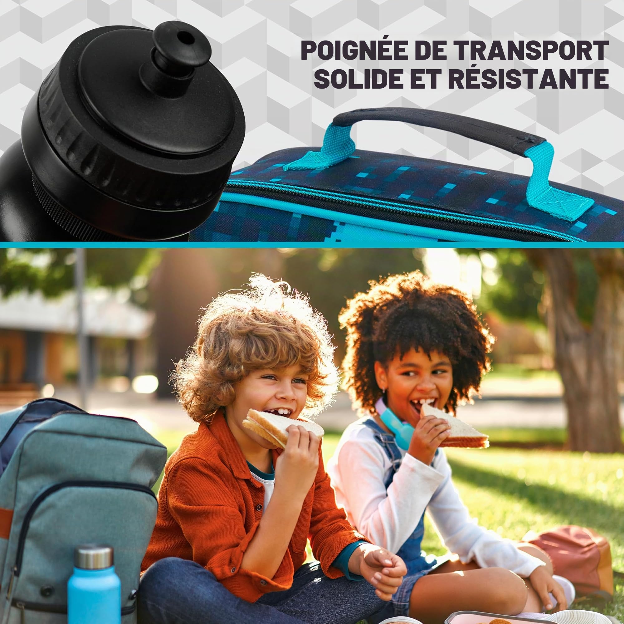 Minecraft Sac Isotherme Repas Enfant Lunch Bag pour l'École ou les Voyages Options avec Bouteille D'eau Cadeau pour Enfant (Bleu/Noir)