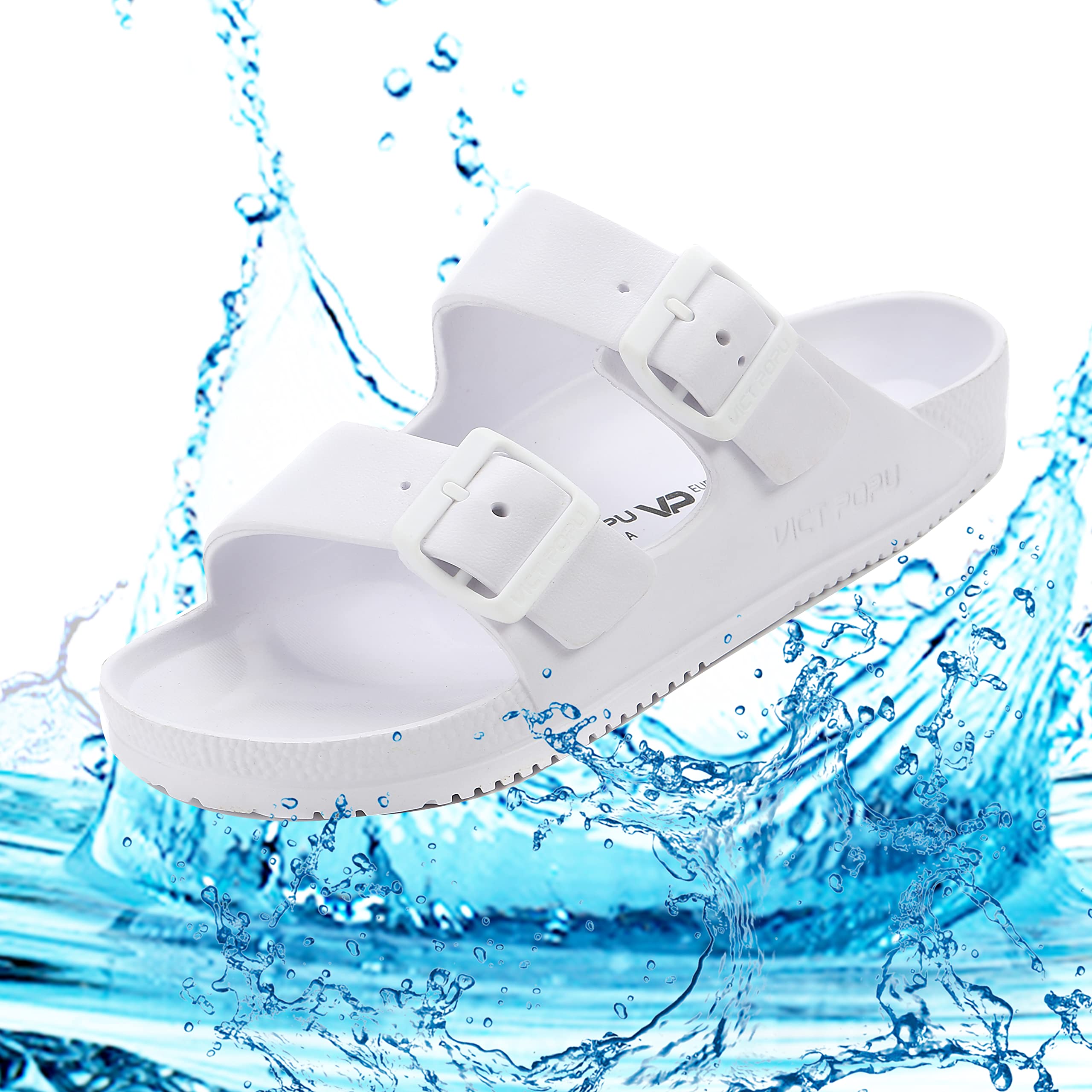 VICT POPU Pantoletten Damen mit Fussbett Sandalen Flach Rutschfest Sommer Badelatschen Lässig EVA Slides Erwachsene Schlappen