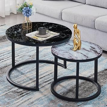Round Nesting Table Set of 2,Round Coffee Table with Metal Frame for Living Room,Nested Coffee Table Set with Non-Slip Feet for Balcony Yard Office,Marble Black White