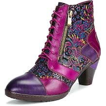 Superladystars Retro Handmade Leather Purple Ankle Boots,Handmade Colorful Painting, Metallic Style - Fashion, Comfortable Women Shoes