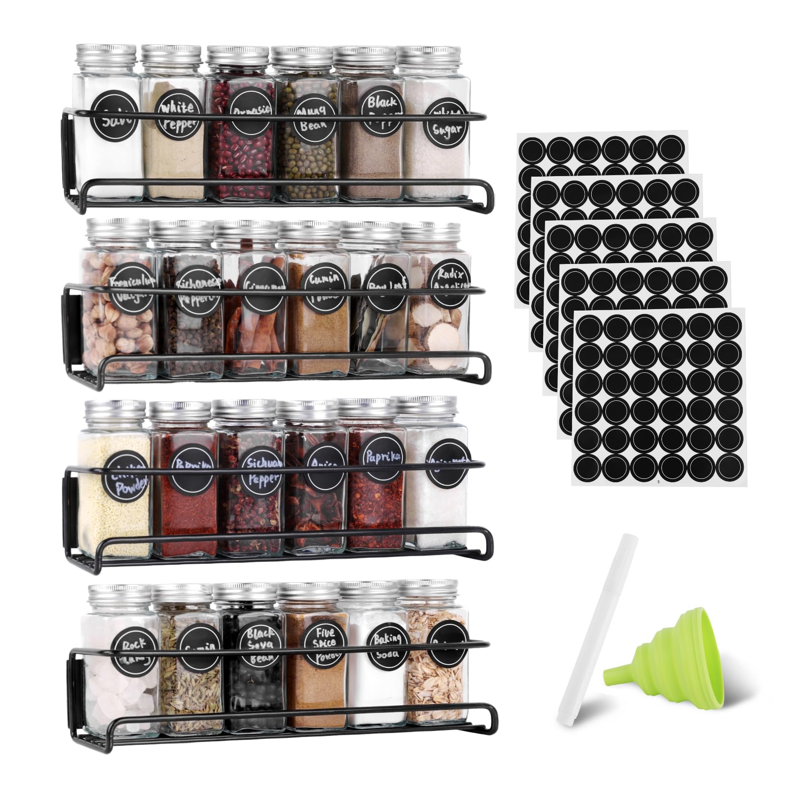 Magnetic Spice Rack for Refrigerators, 4 Pack Spice Rack with 24 Spice Jars, 180 Spice Labels, Whiteboard Marker & Funnel, Spice Rack Organizer for Refrigerator and Microwave Ovenï¼ŒMetal Black