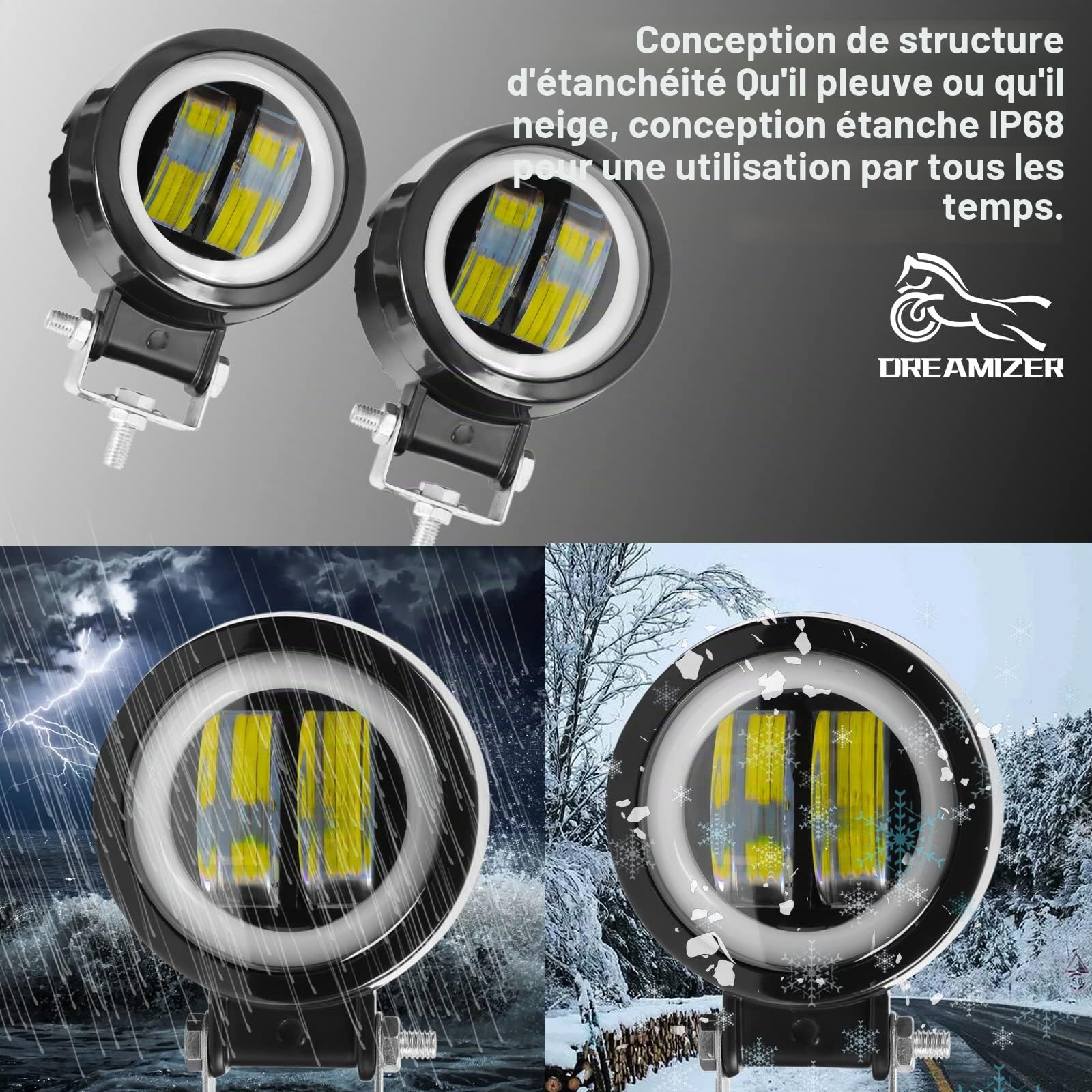 DREAMIZER Rond Phares Avant Pour Moto, 12V/24V Phares supplémentaires pour moto, Feux Antibrouillard 6000K 40W 4000LM compatible avec Jeep Wrangler ATV UTV Offroad Tracteur Camions, Étanche IP68