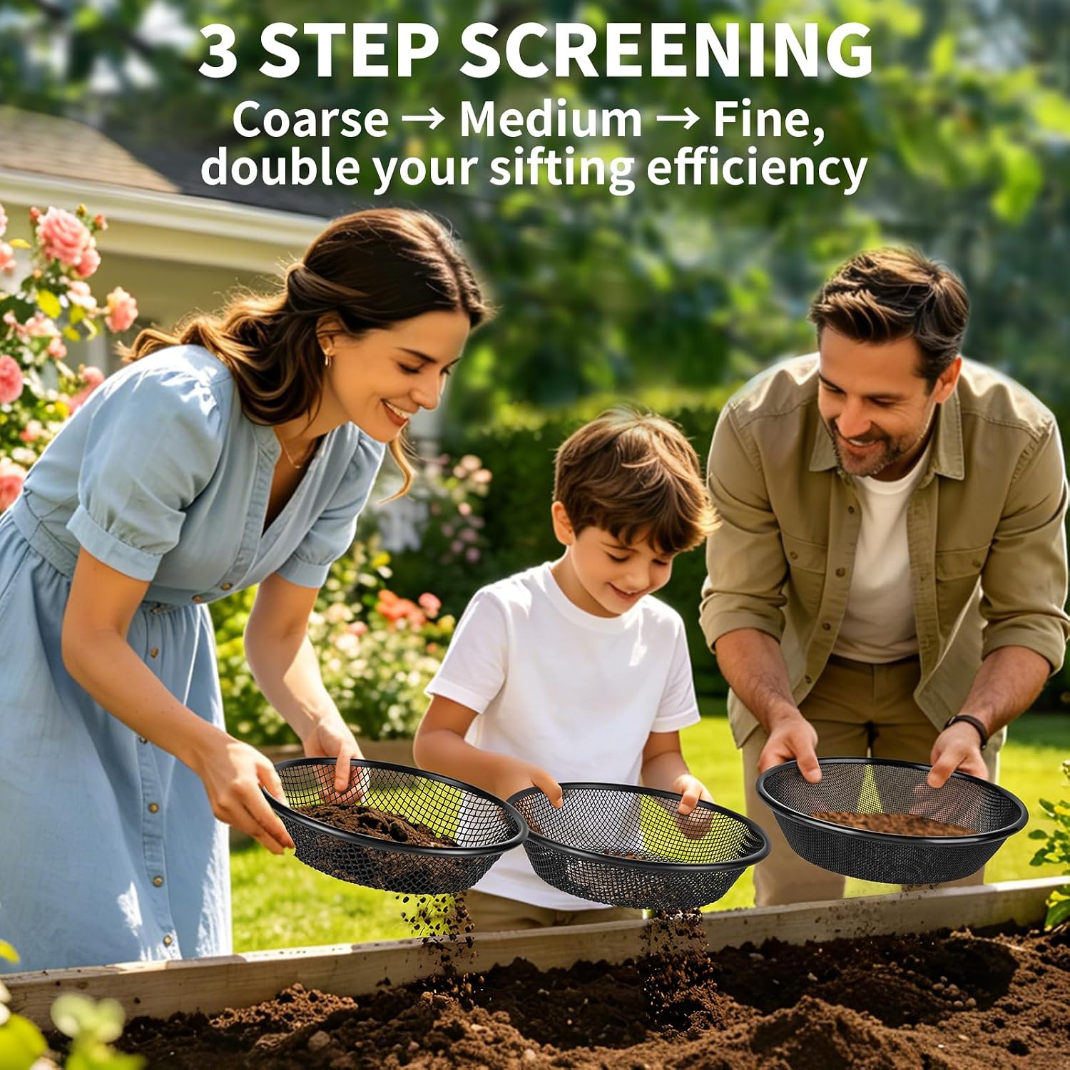 4 PCS Soil Sifter for Gardening, 1/3,1/4,1/6,1/9 Inch Heavy Duty Rock Dirt Compost Sifter Fits 5 Gallon Bucket,Black Stainless Steel Fine Dirt Garden Sifter for Gravel, Filtering Compost