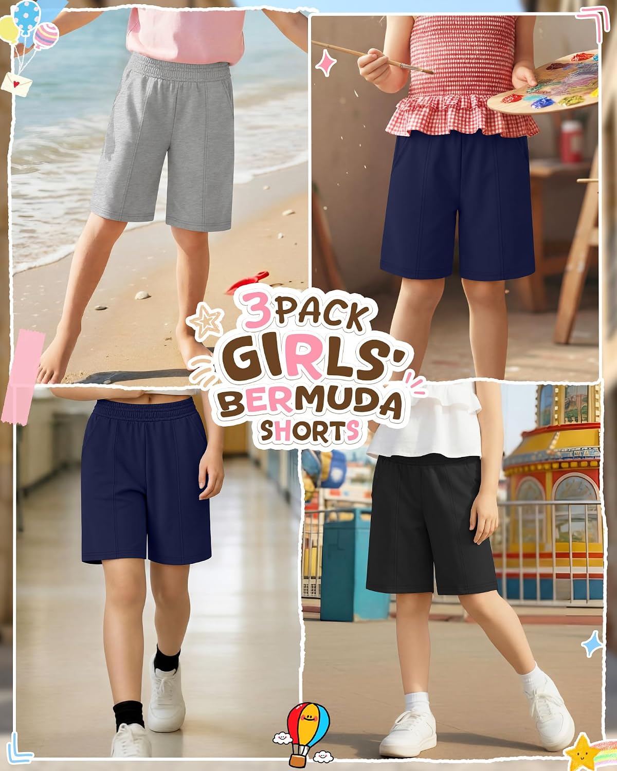 3 Pack Girls' Bermuda Shorts with Pockets 5-14 Years Knee Length Sweat Wide Leg Baggy Elastic Waist Casual Shorts