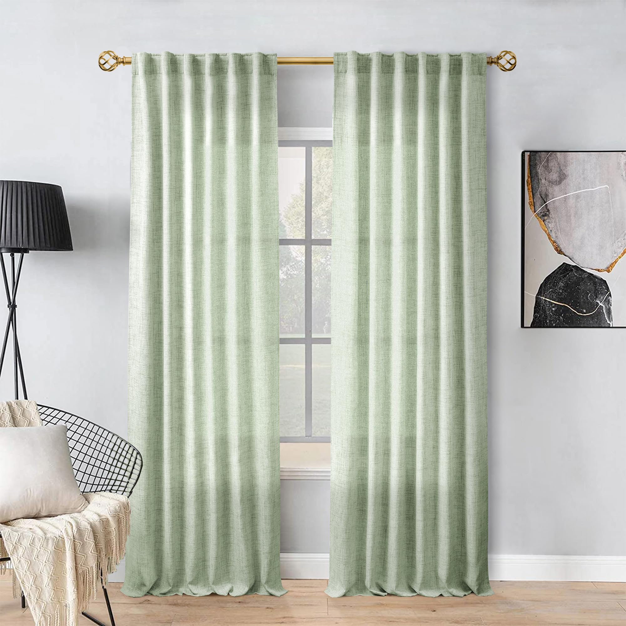 105 Inch Curtains Sage Green Linen Drapes for Living Room Semi Sheer Lightweight Airy Fabric Contemporary Decorative Light Green Back Tab Curtain Window Treatment for Bedroom 2 Panels