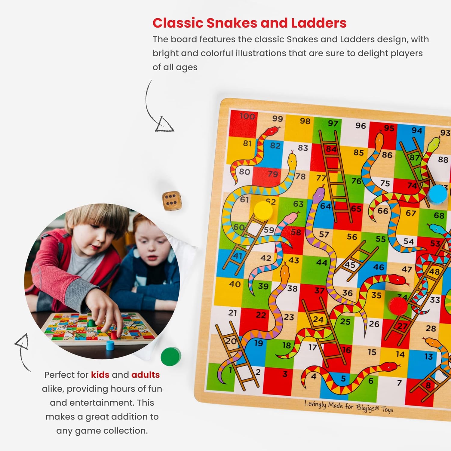 Bigjigs Toys Traditional Snakes and Ladders Game | 4 Player Wooden Board with Counters & Dice | Family Toy for Kids & Adults | Educational Tool for 3+ Year Old Children | Classic