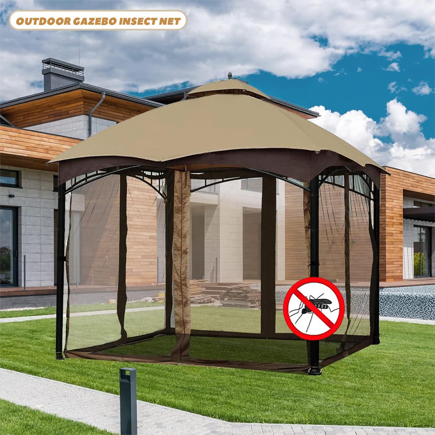 Uniwersalna Moskitiera do Pawilonu, 3 x 3 m (Tylko Moskitiera) | Ekran z Siatki na Zewnątrz, Zasłona Boczna 4-Panelowa, Oddychająca, z Zamkiem Błyskawicznym, do Patio, Ogrodu, Pergoli