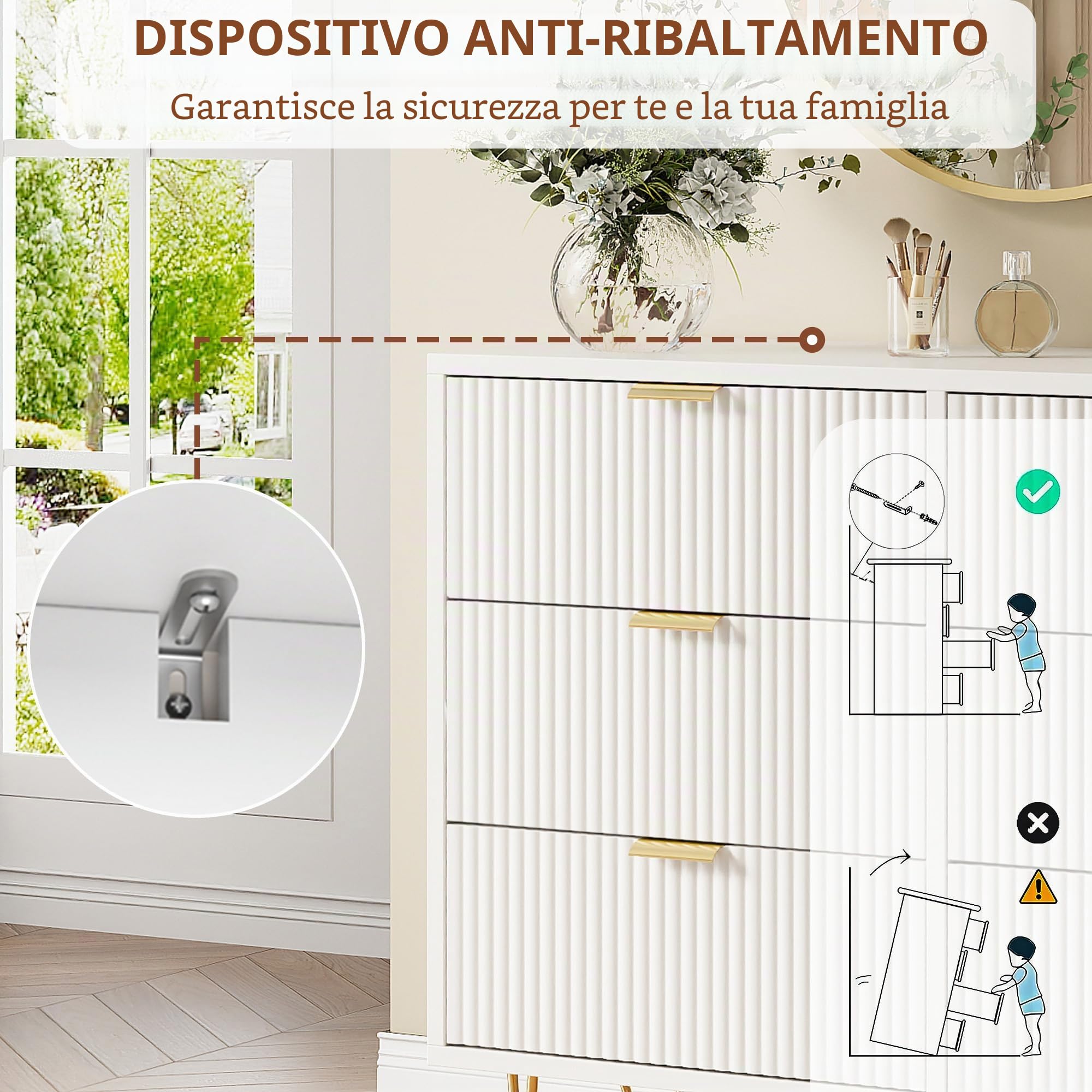 Comò con cassetti, credenza moderna con gambe e maniglie dorate, armadietto con vano portaoggetti, comò per soggiorno, corridoio, bianco, 100 x 34 x 73 cm
