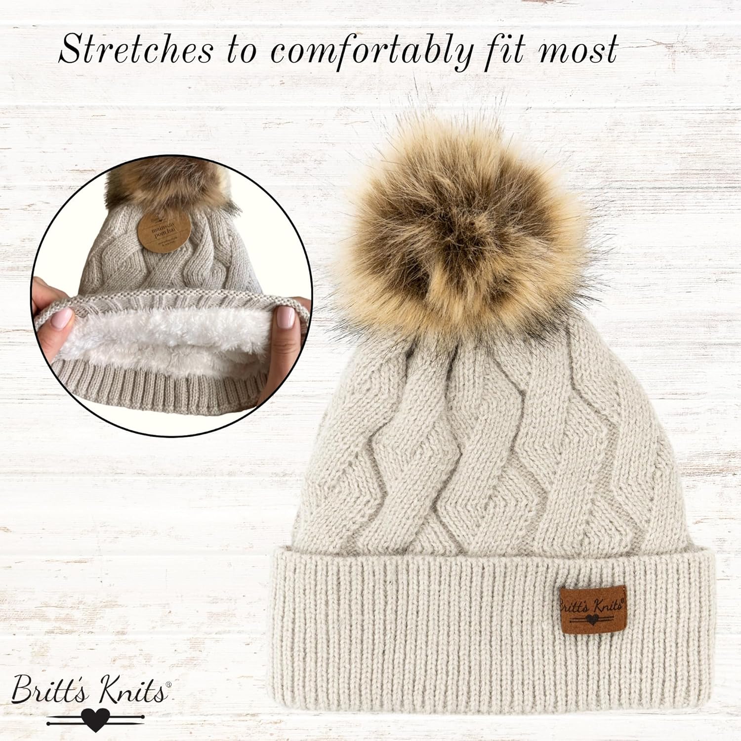 Britt's Knits Womens Stylish Warm Knit Mainstay Plush-Lined Pom Pom Cold Weather Hat