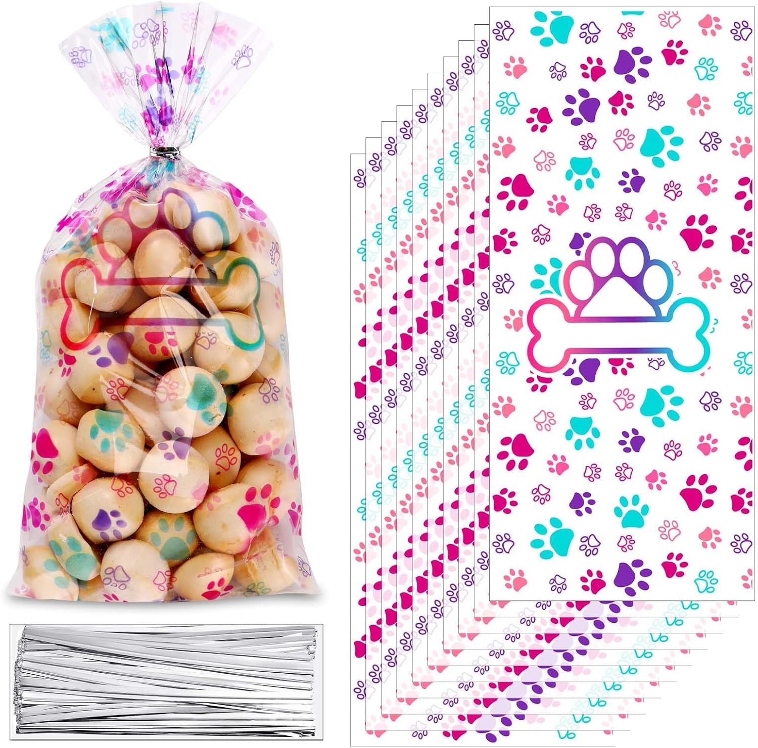 Mifoci 100 Pack Colorful Dog Paw Bone Print Cellophane Treat Bags with Twist Ties - Pet Party Favors & Goodie Bags