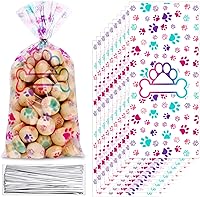Mifoci 100 Pack Colorful Dog Paw Bone Print Cellophane Treat Bags with Twist Ties - Pet Party Favors & Goodie Bags