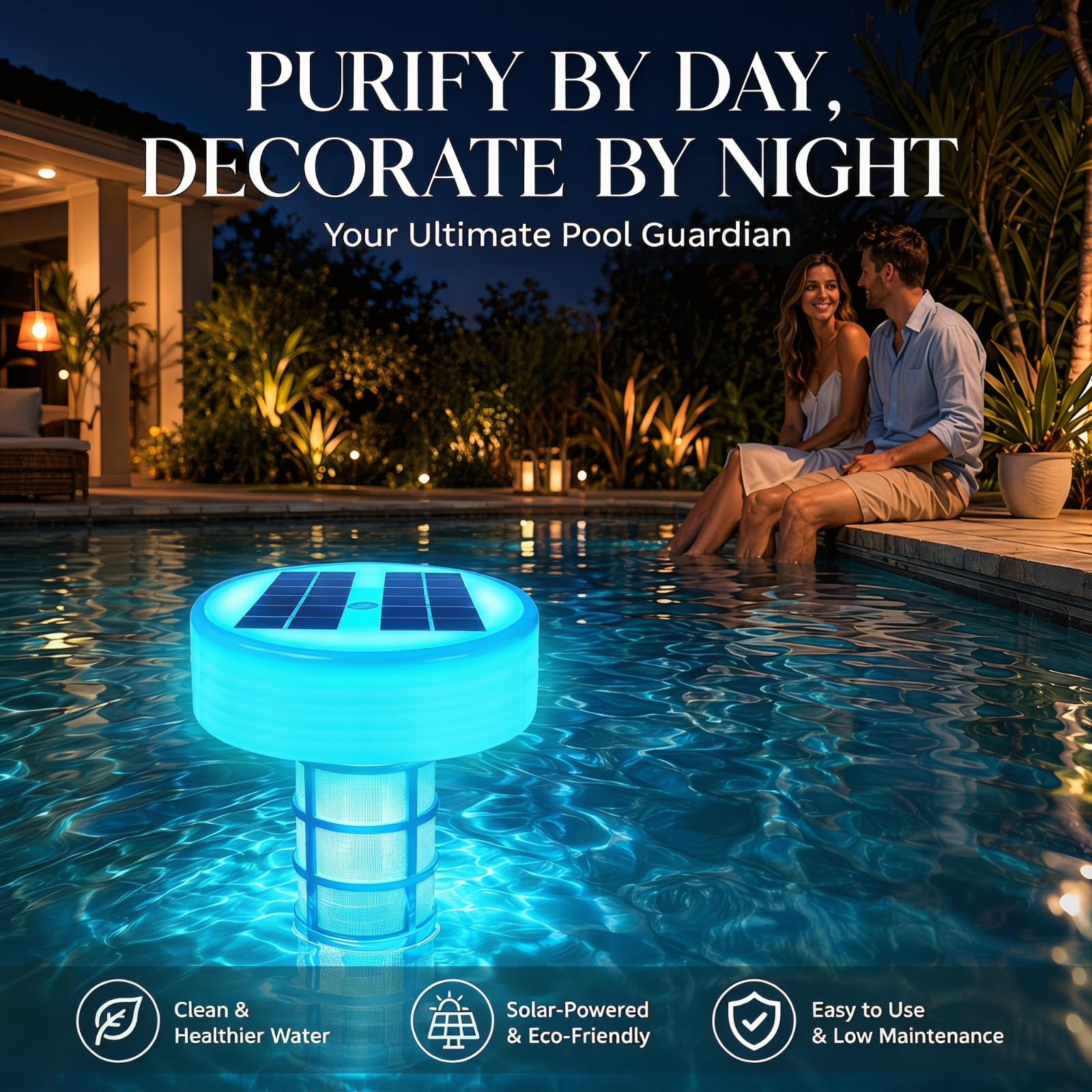 Solar Pool Ionisator, Automatischer Wasserreiniger, Solar Poolreiniger mit Mehrfarbige LED-Leuchten, Kupfer Ionreiniger Pool Zubehör für Aufstellpool und Einbautbecken